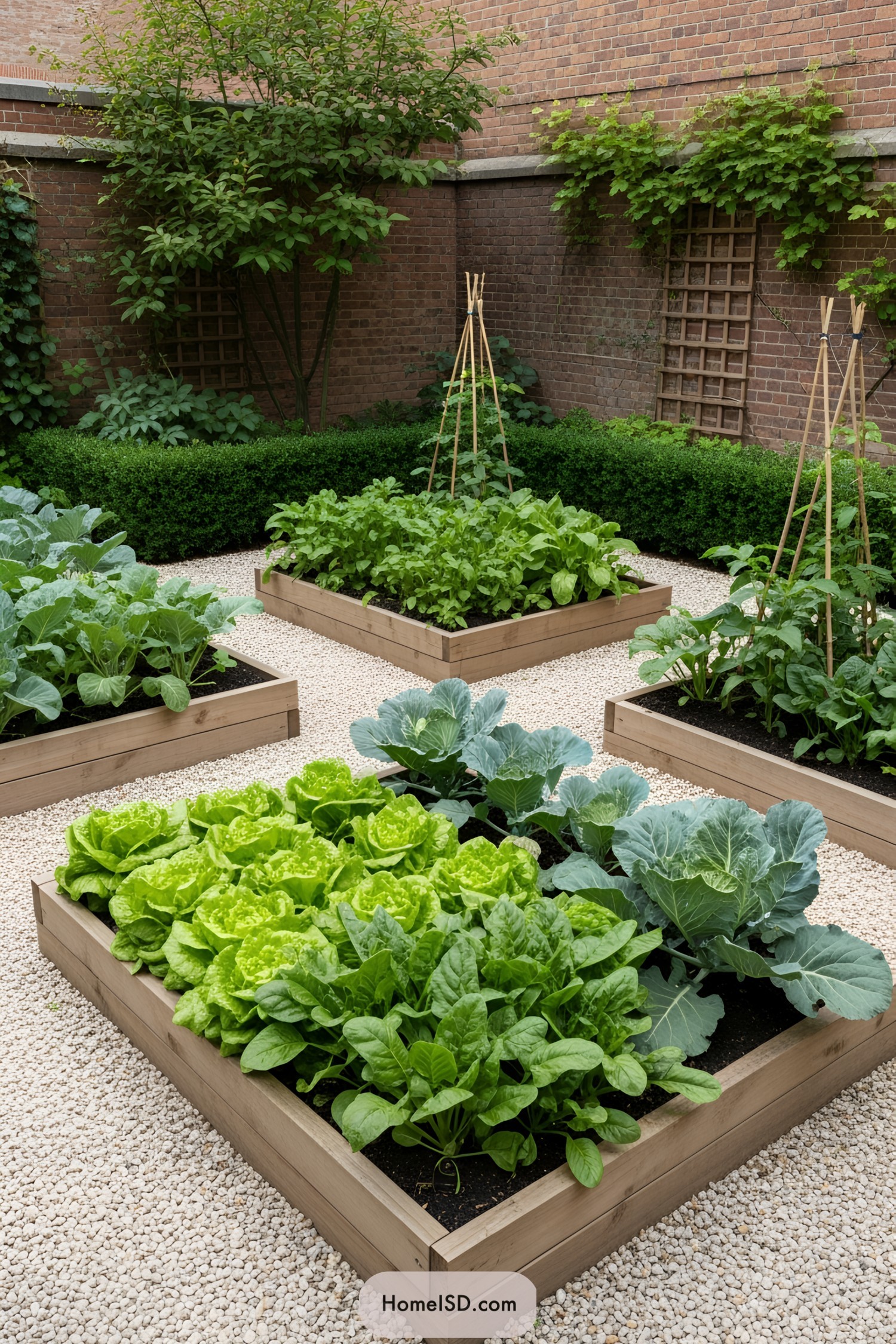 Raised vegetable beds in a courtyard with pea gravel