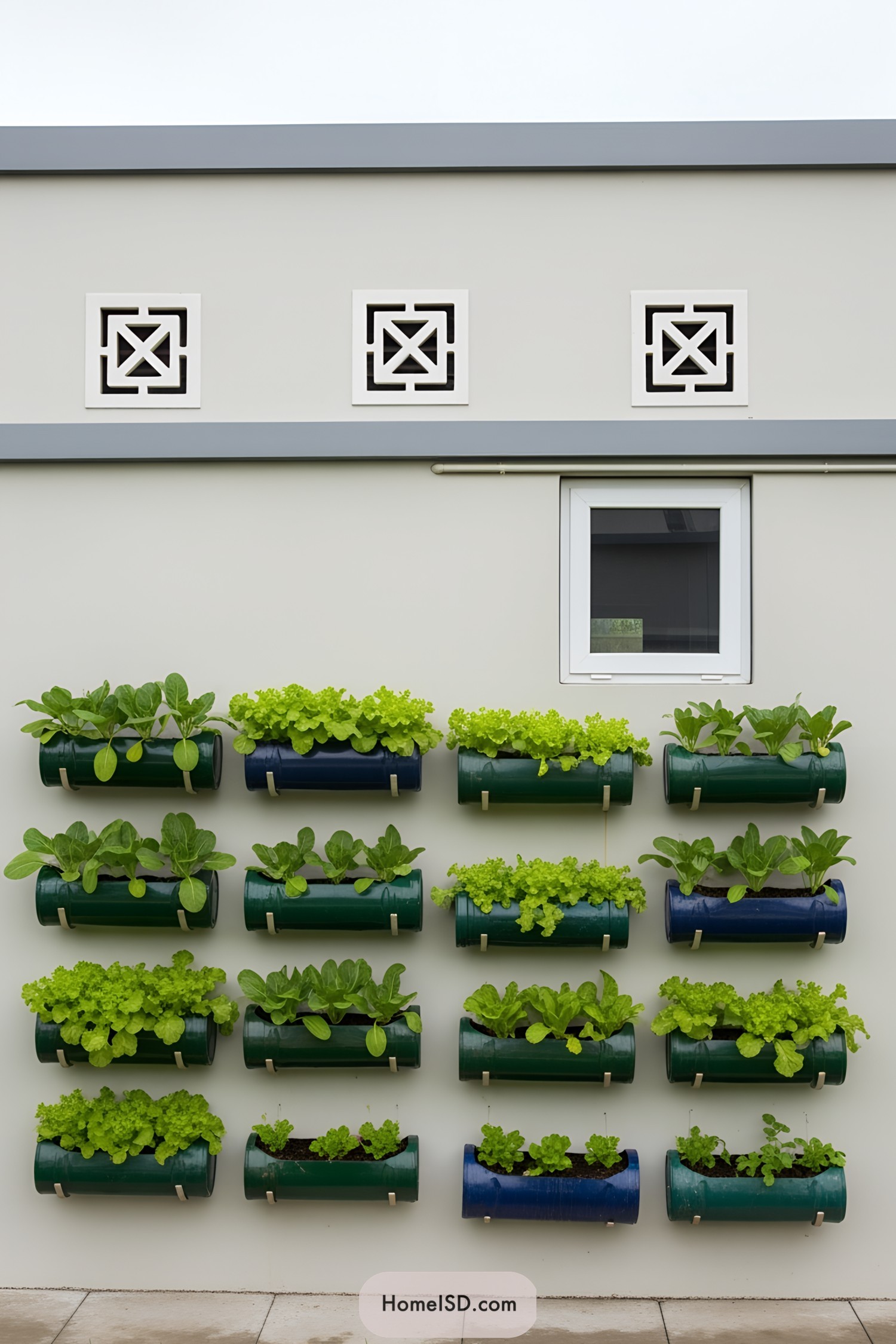 Wall-mounted planters with lush vegetables