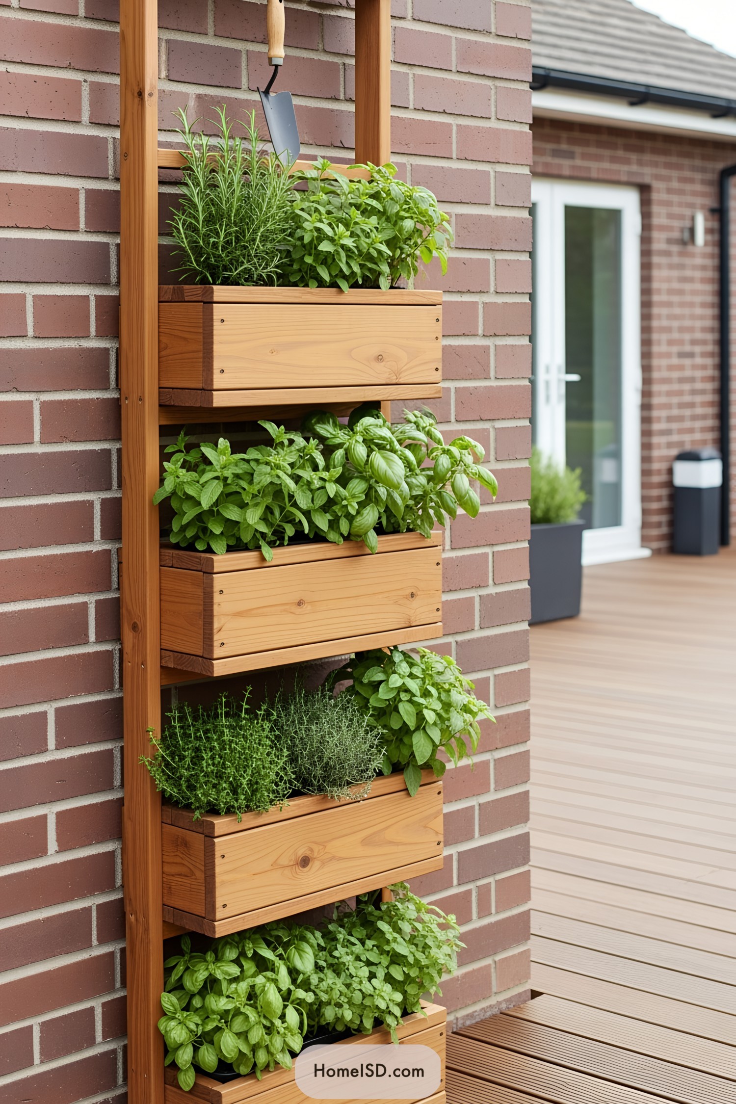 Wooden planter boxes with fresh herbs on a brick wall