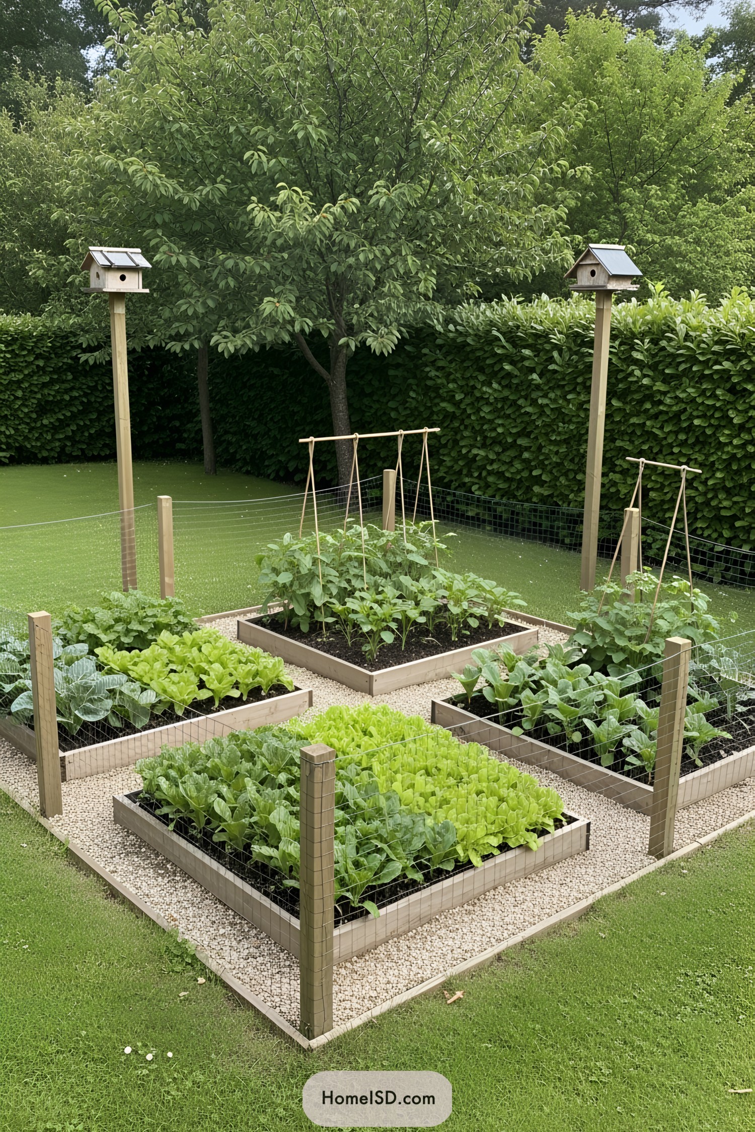 Compact vegetable garden with raised beds