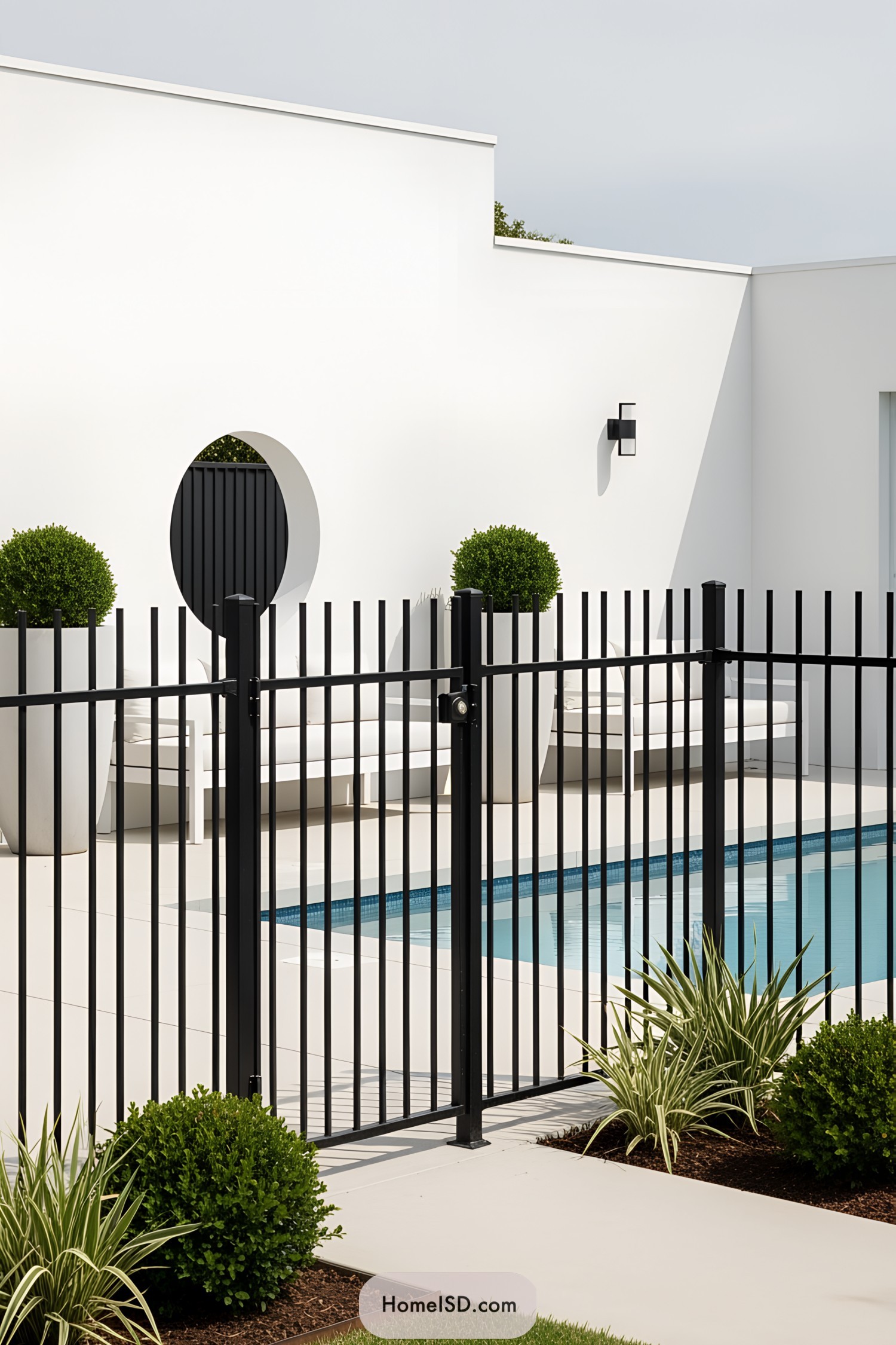 Black metal fence around a modern pool area