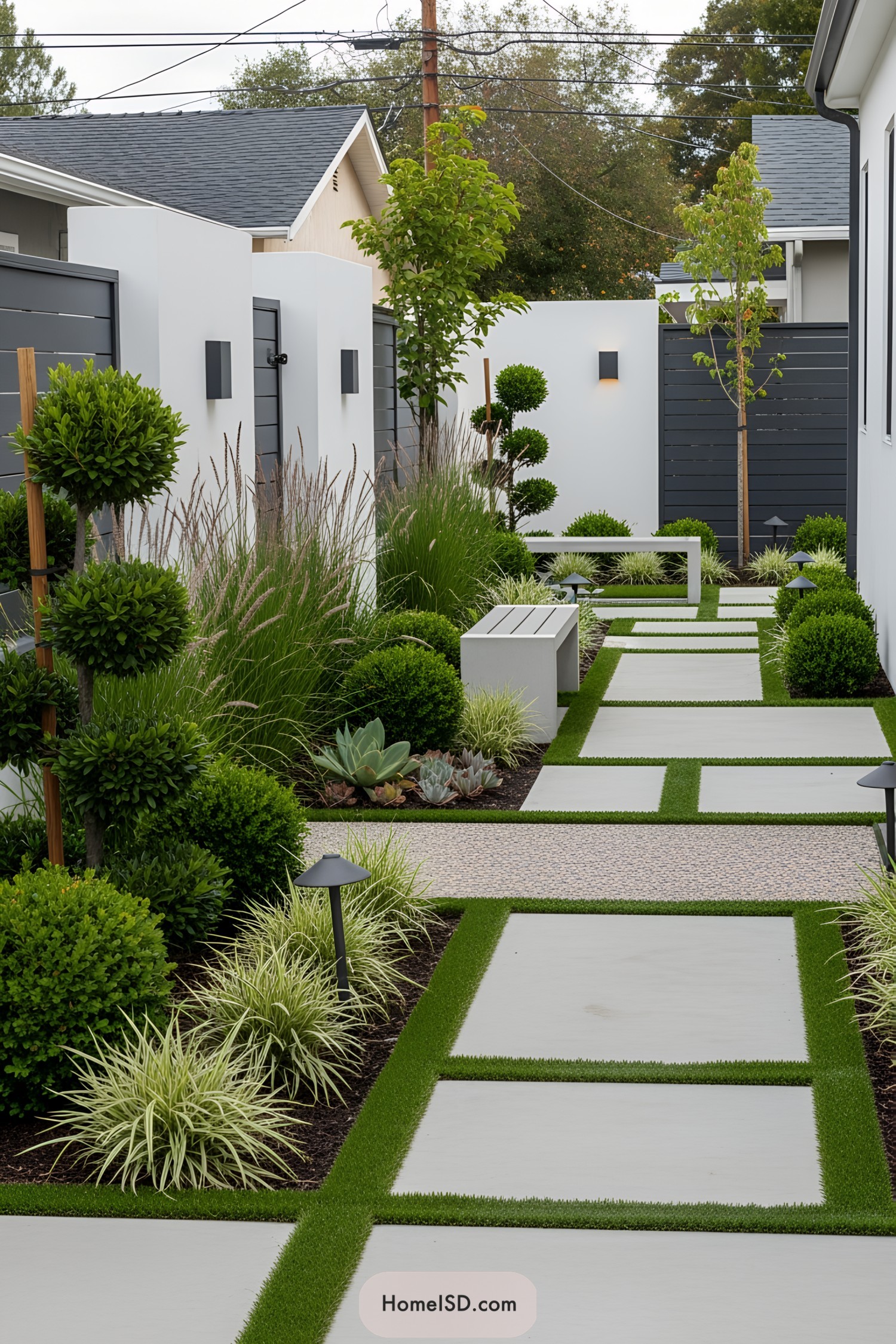 Modern side yard with stepping stones and lush plants