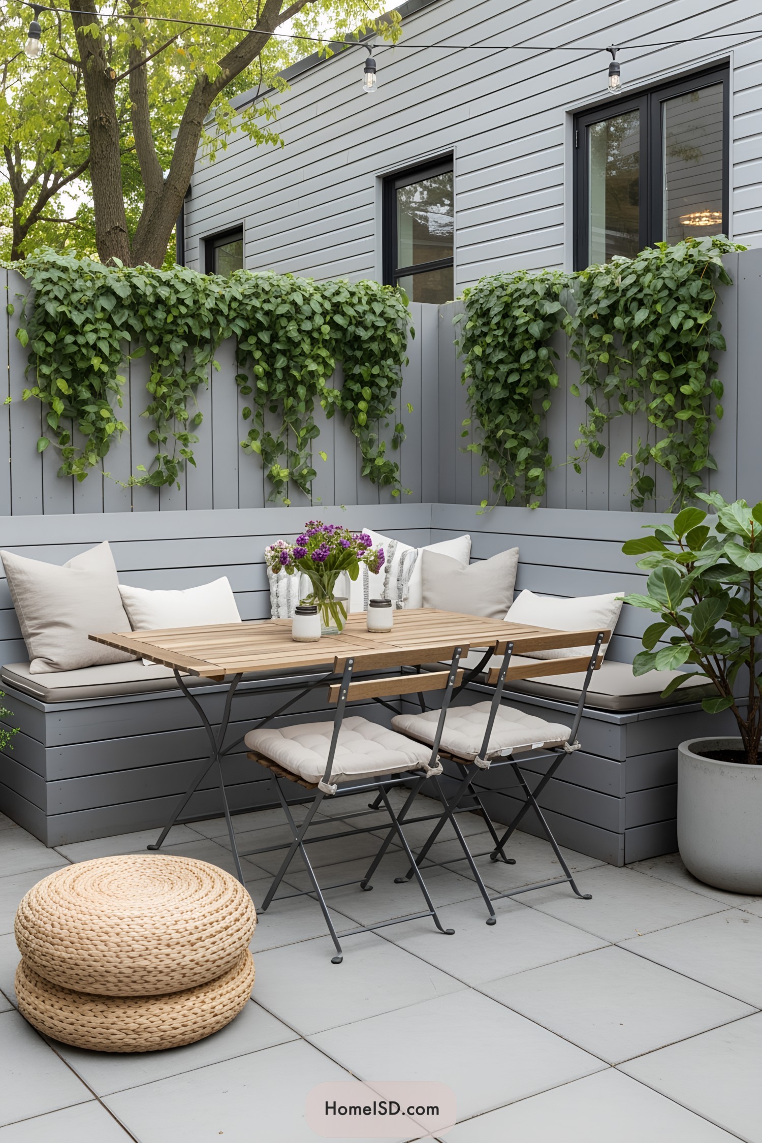 Outdoor seating area with ivy-covered fence and cozy pillows