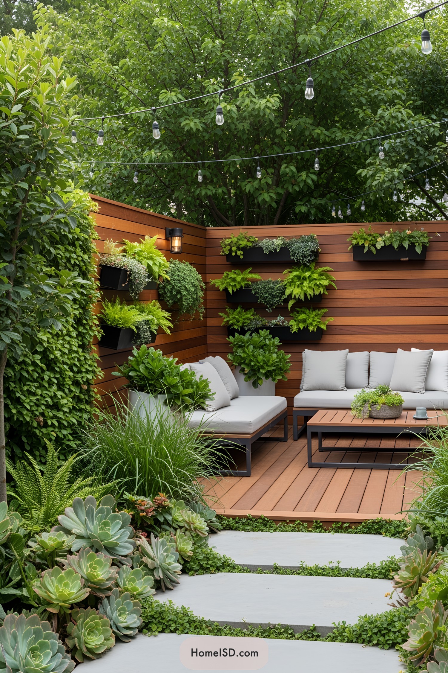 Cozy patio with vertical planters and string lights