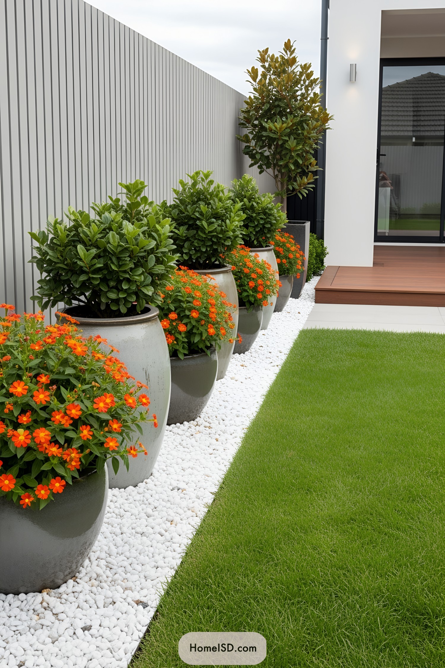 Lush potted plants and orange flowers beside a modern patio