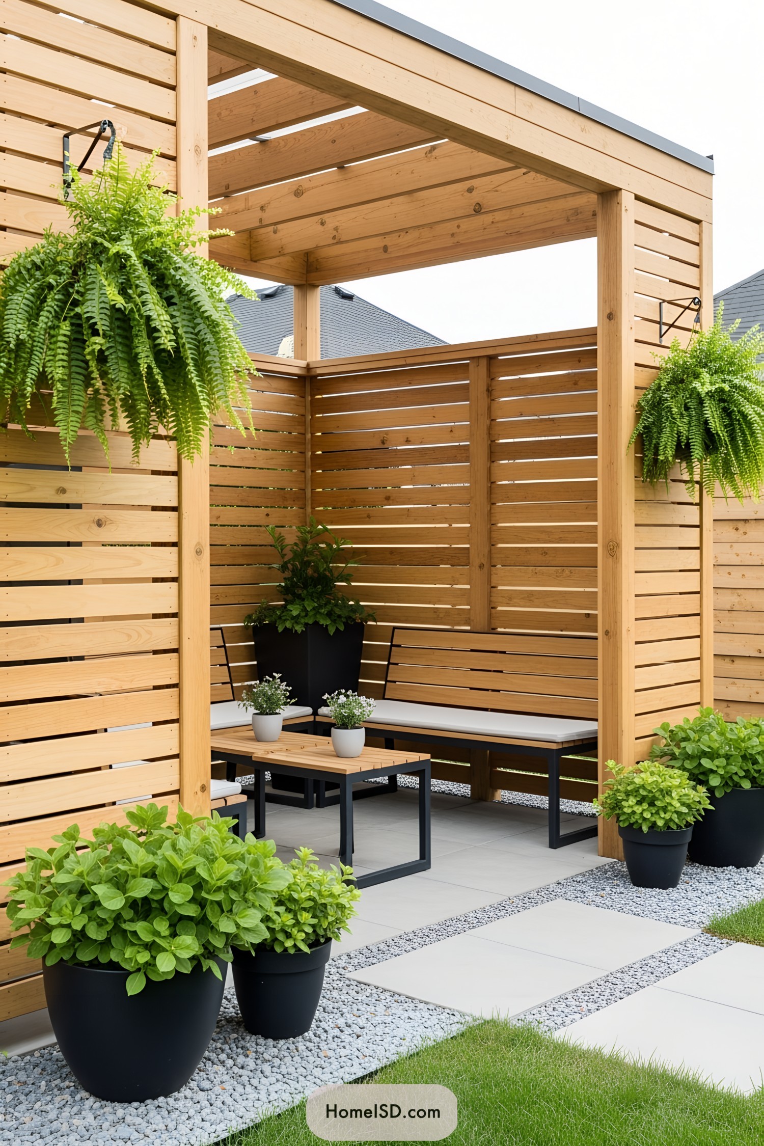 Modern wooden pergola with potted plants and seating area