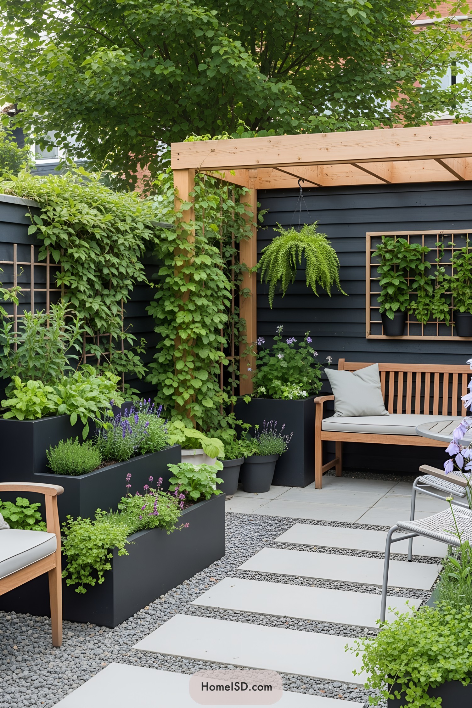 Charming corner with pergola, wooden seating, and lush greenery