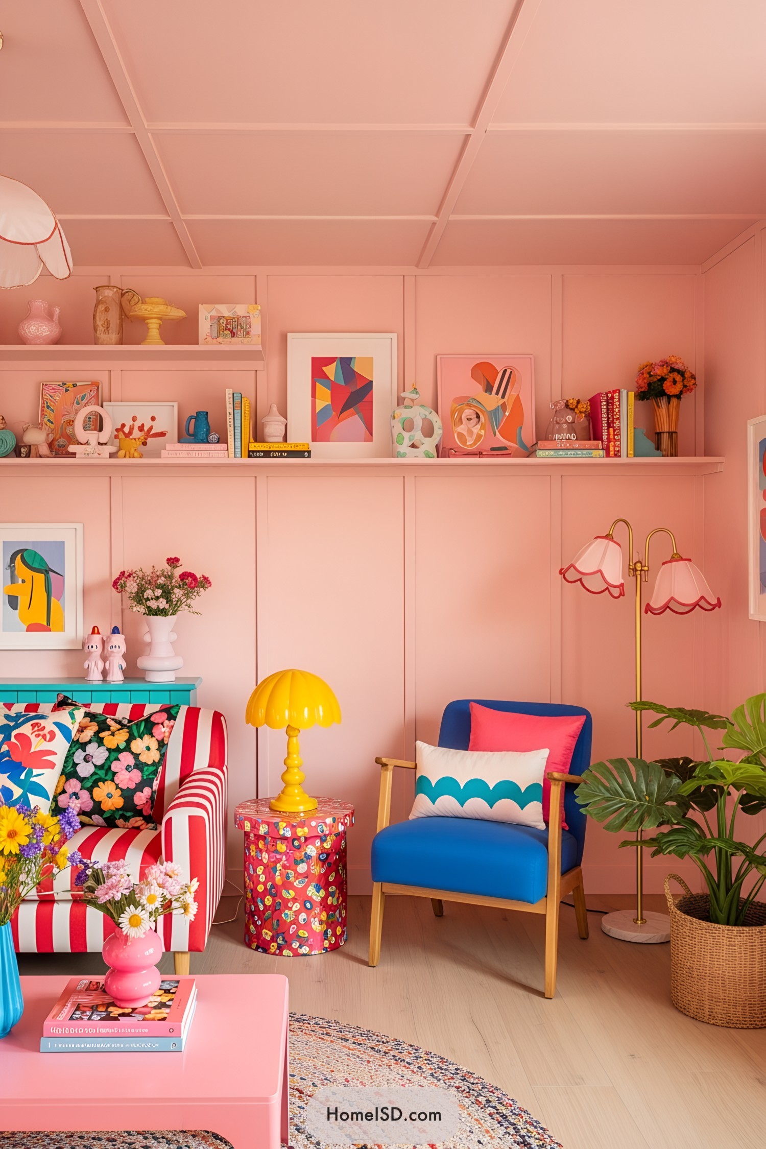 A vibrant room with eclectic patterns and artistic decor elements