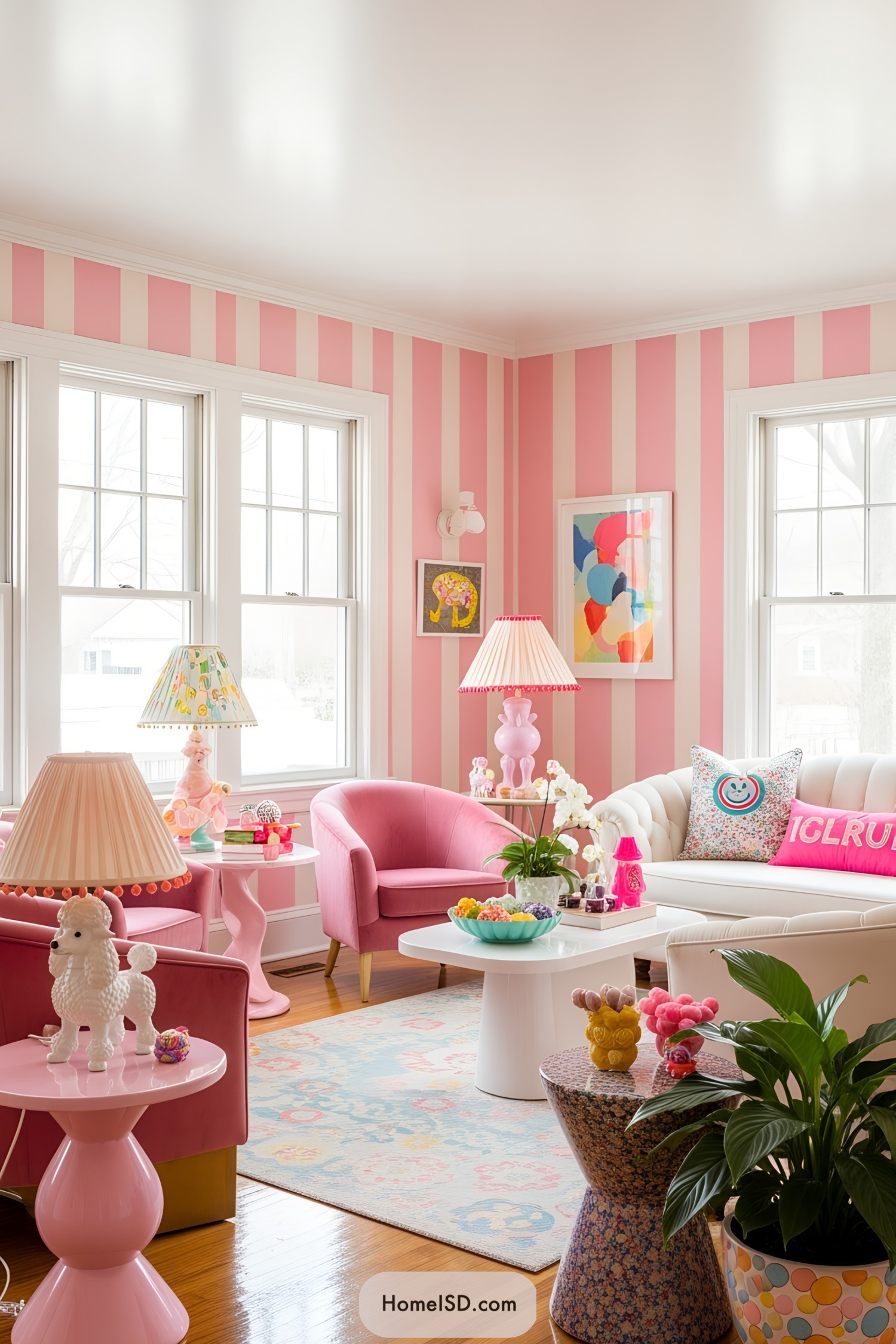 Pink and white room with vibrant decor and playful accents