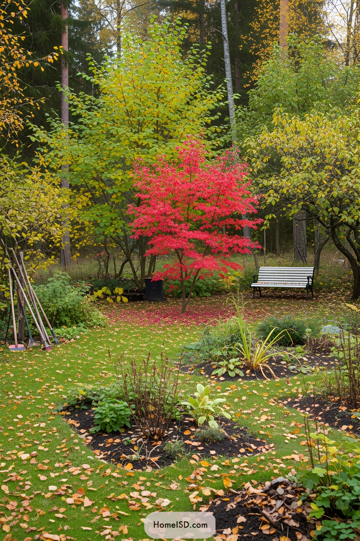 Vibrant autumn garden with colorful foliage and a bench