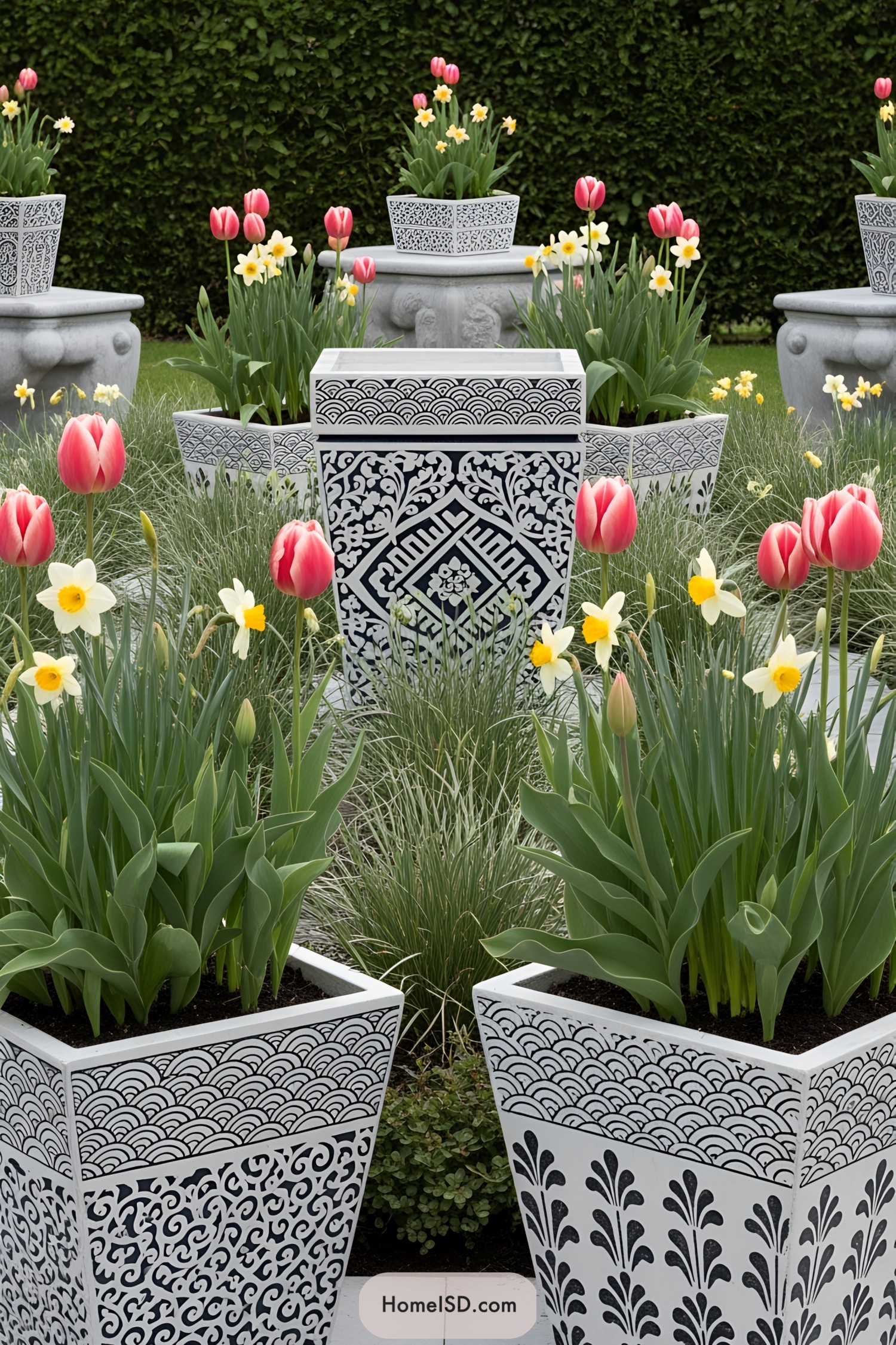 Stylish flower pots with tulips and daffodils