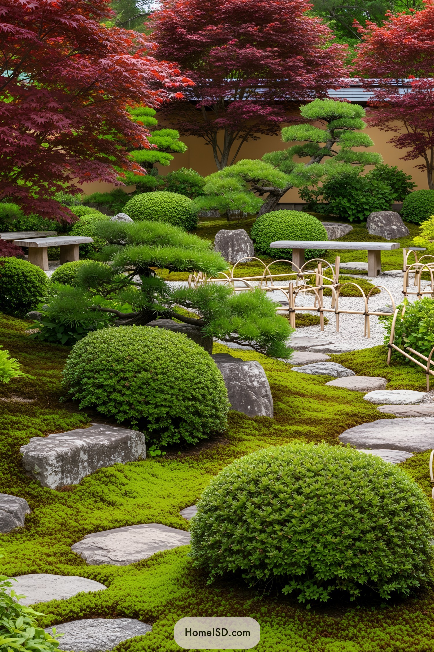 Mini Japanese garden with vibrant foliage and stone path