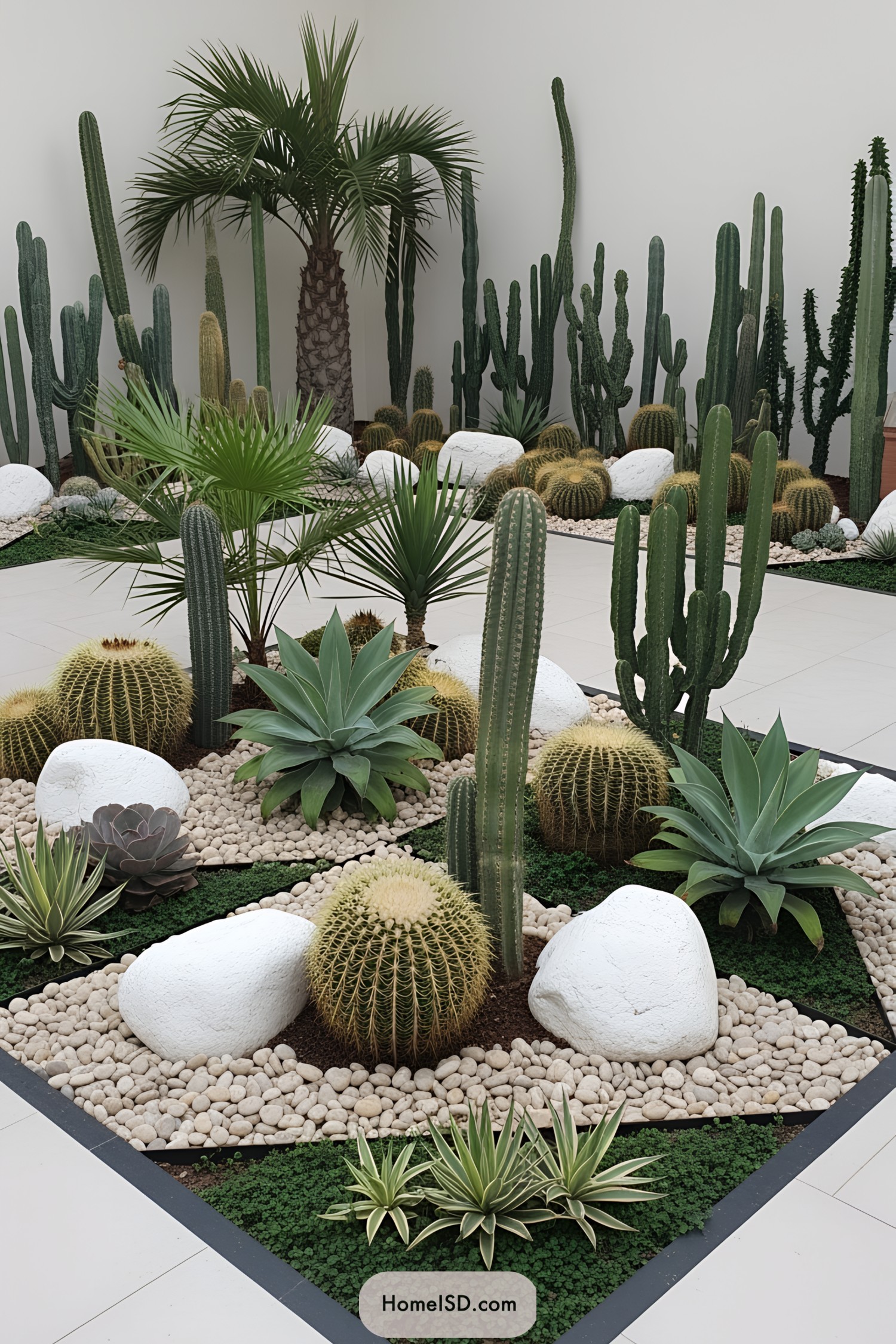 Indoor garden with cacti, succulents, and rocks