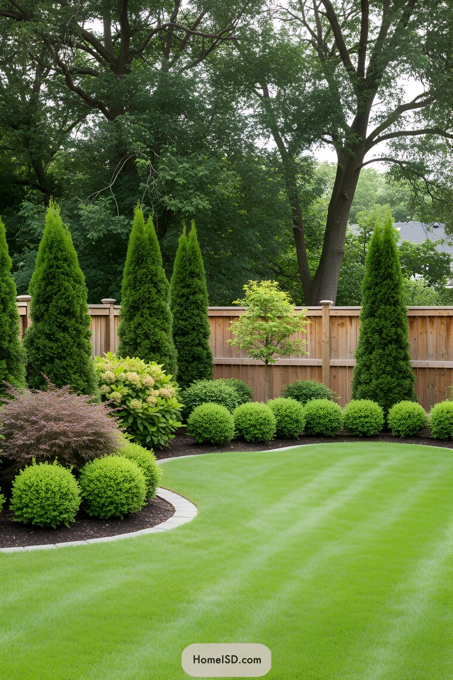 Well-kept lawn with manicured shrubs and tall trees