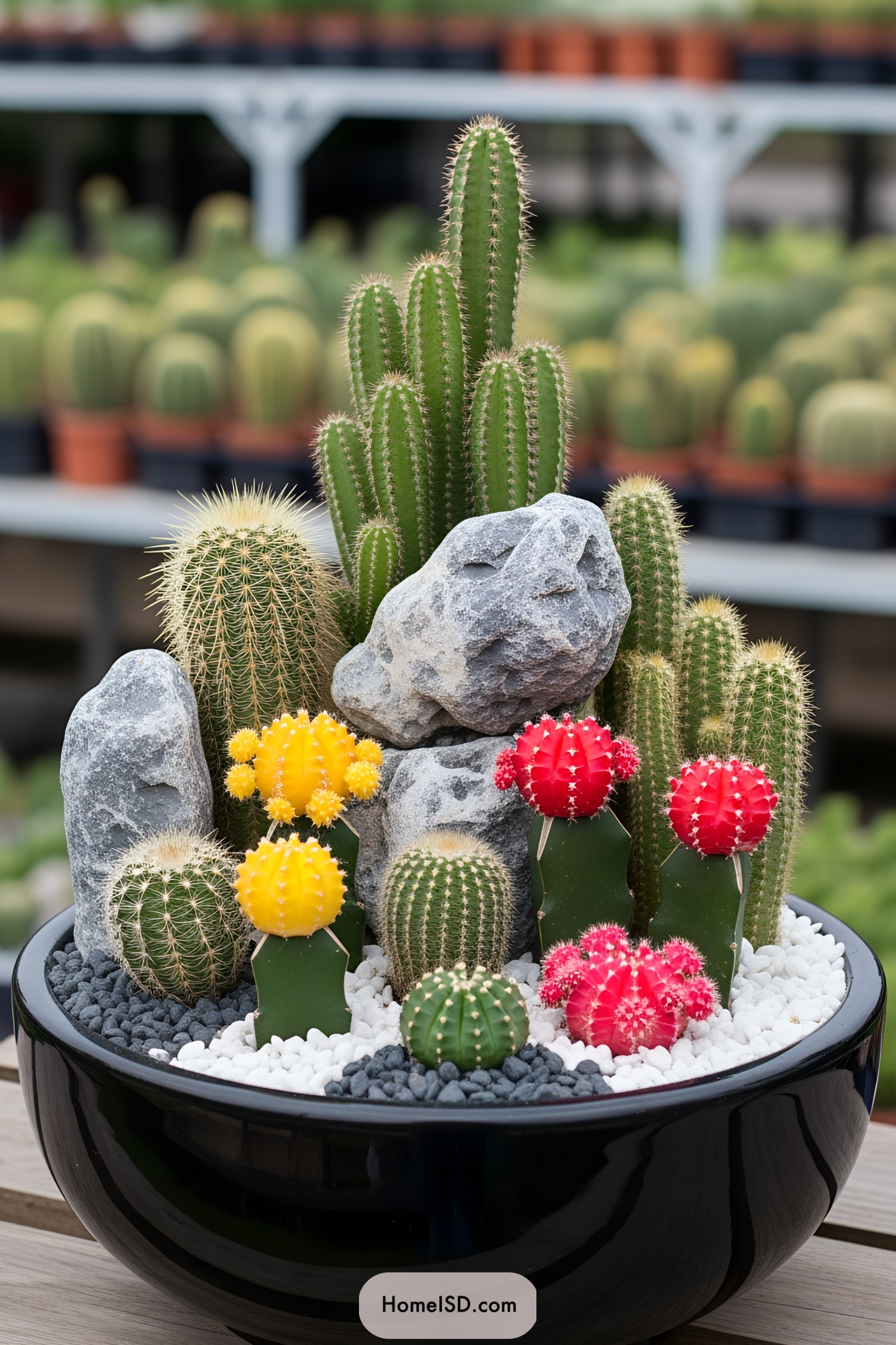 Mini cactus garden with colorful cacti and rocks