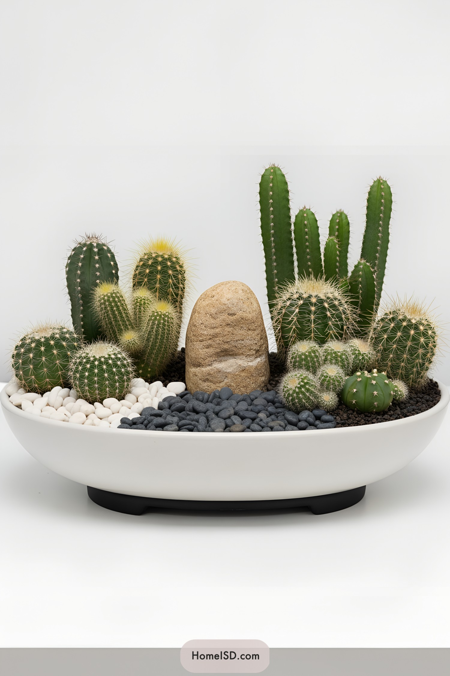 A collection of diverse cacti in a sleek white planter with decorative pebbles