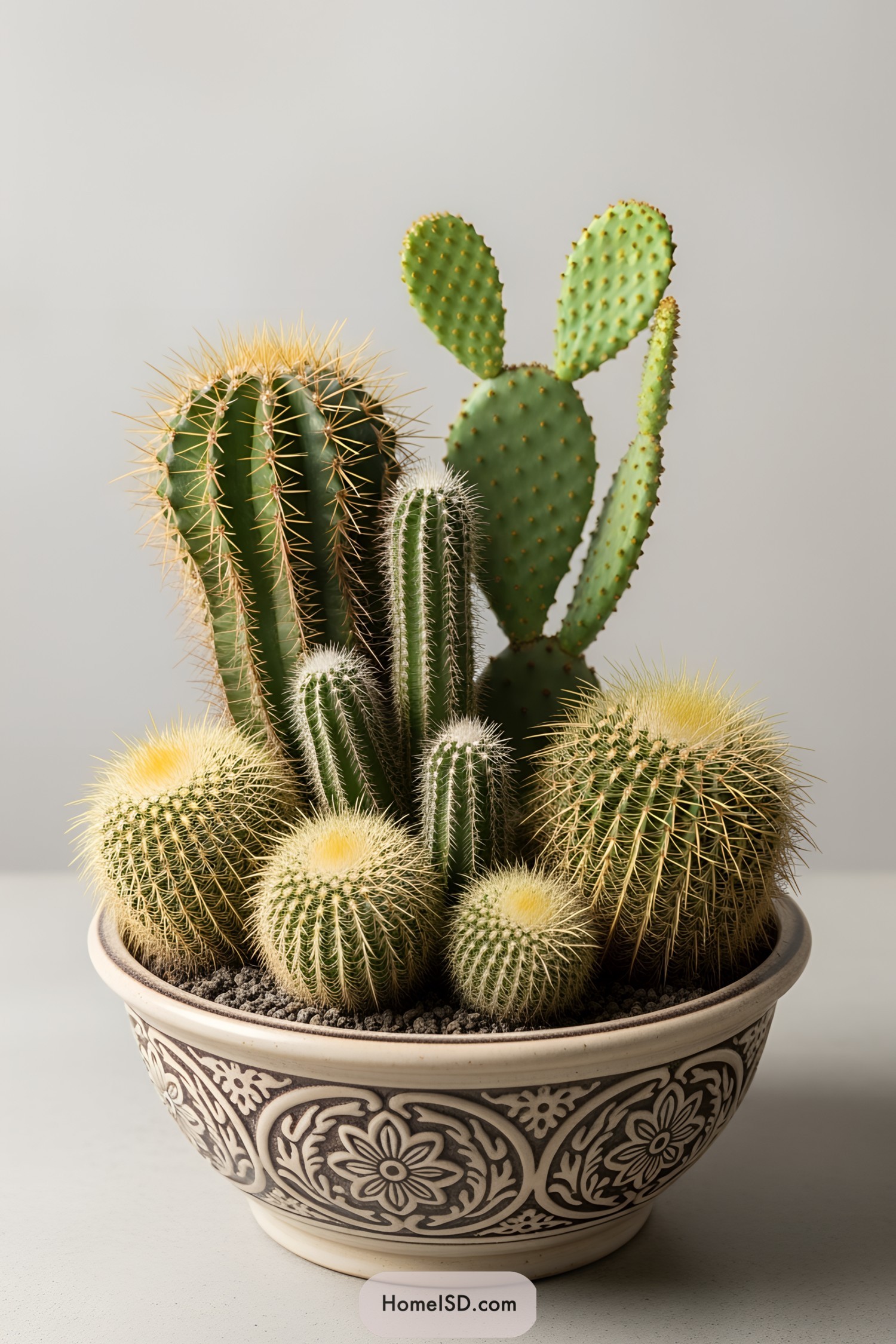 Assorted cacti clustered in a decorative bowl