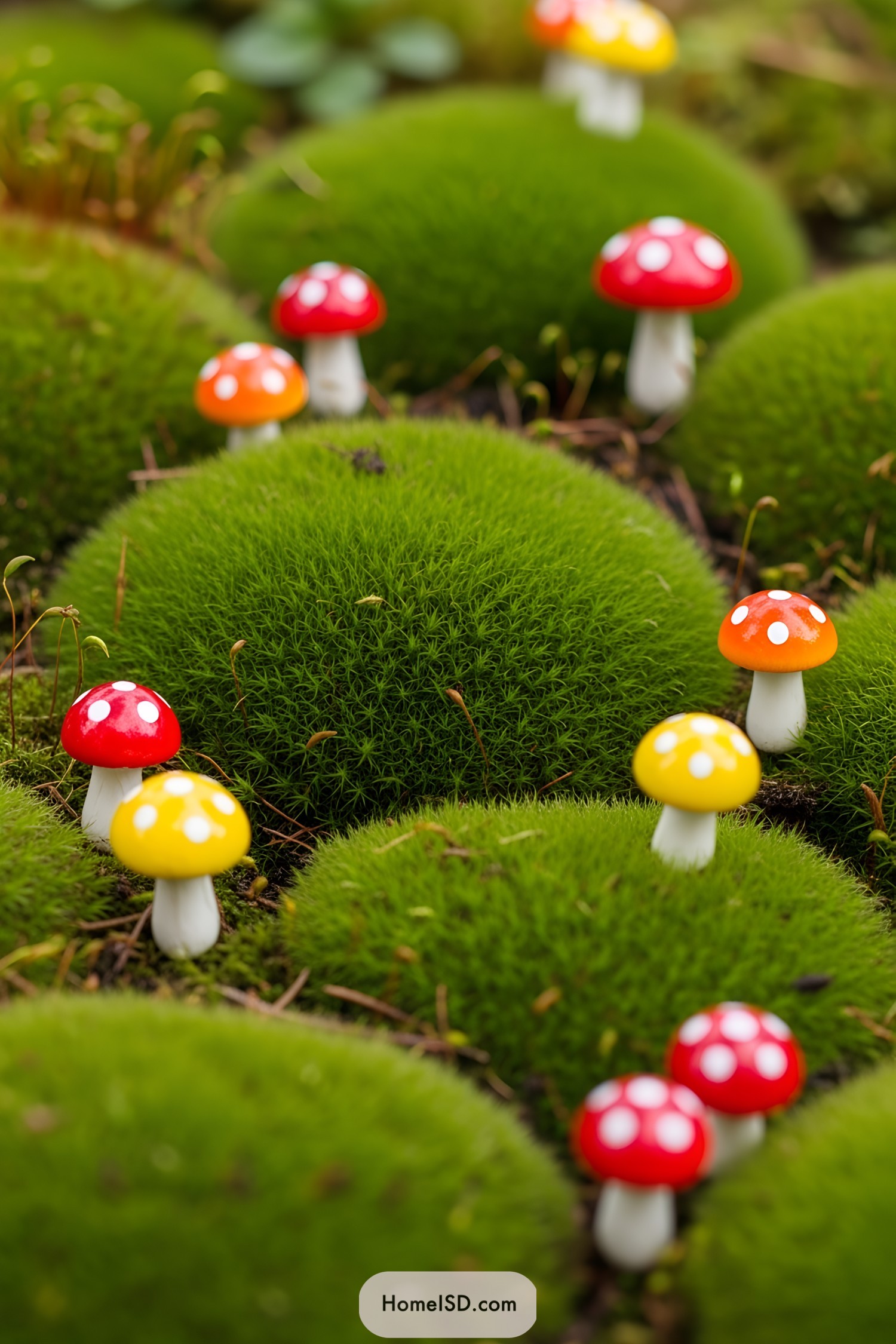 Tiny mushrooms sprouting from lush, green moss