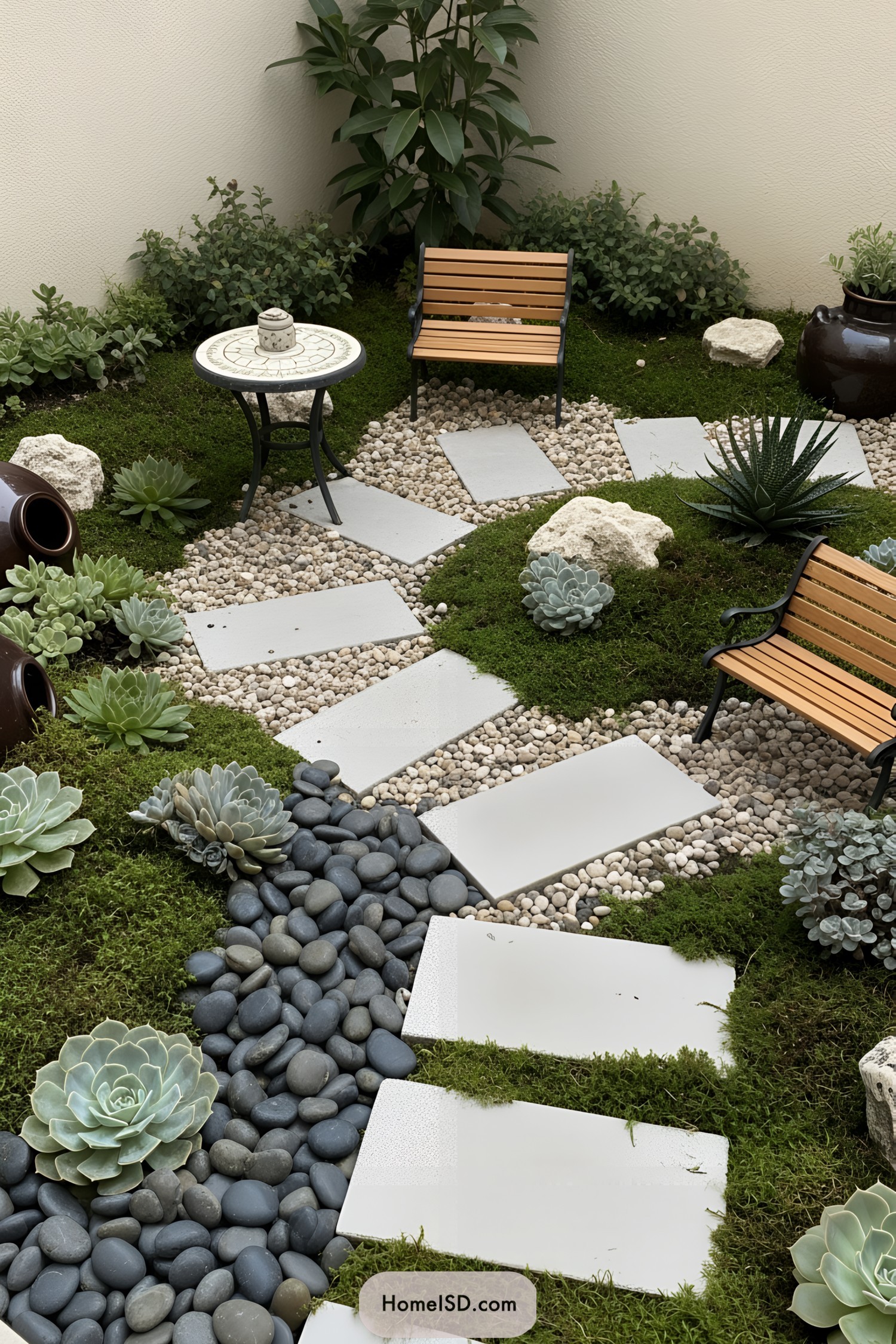 Charming garden nook with pebble path and lush greenery