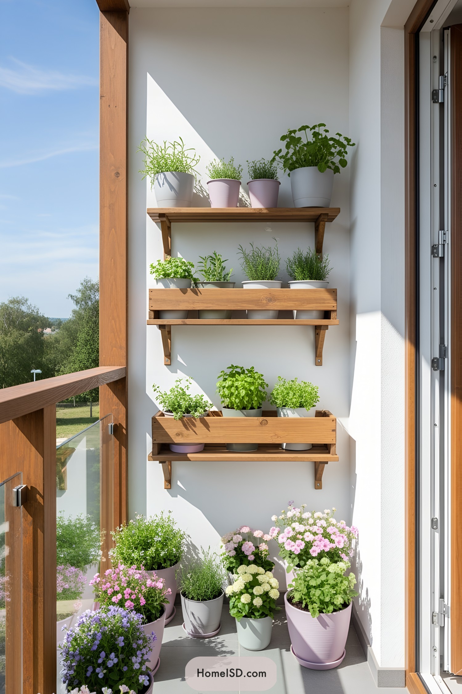 Potted plants and herbs on a small, sunny balcony