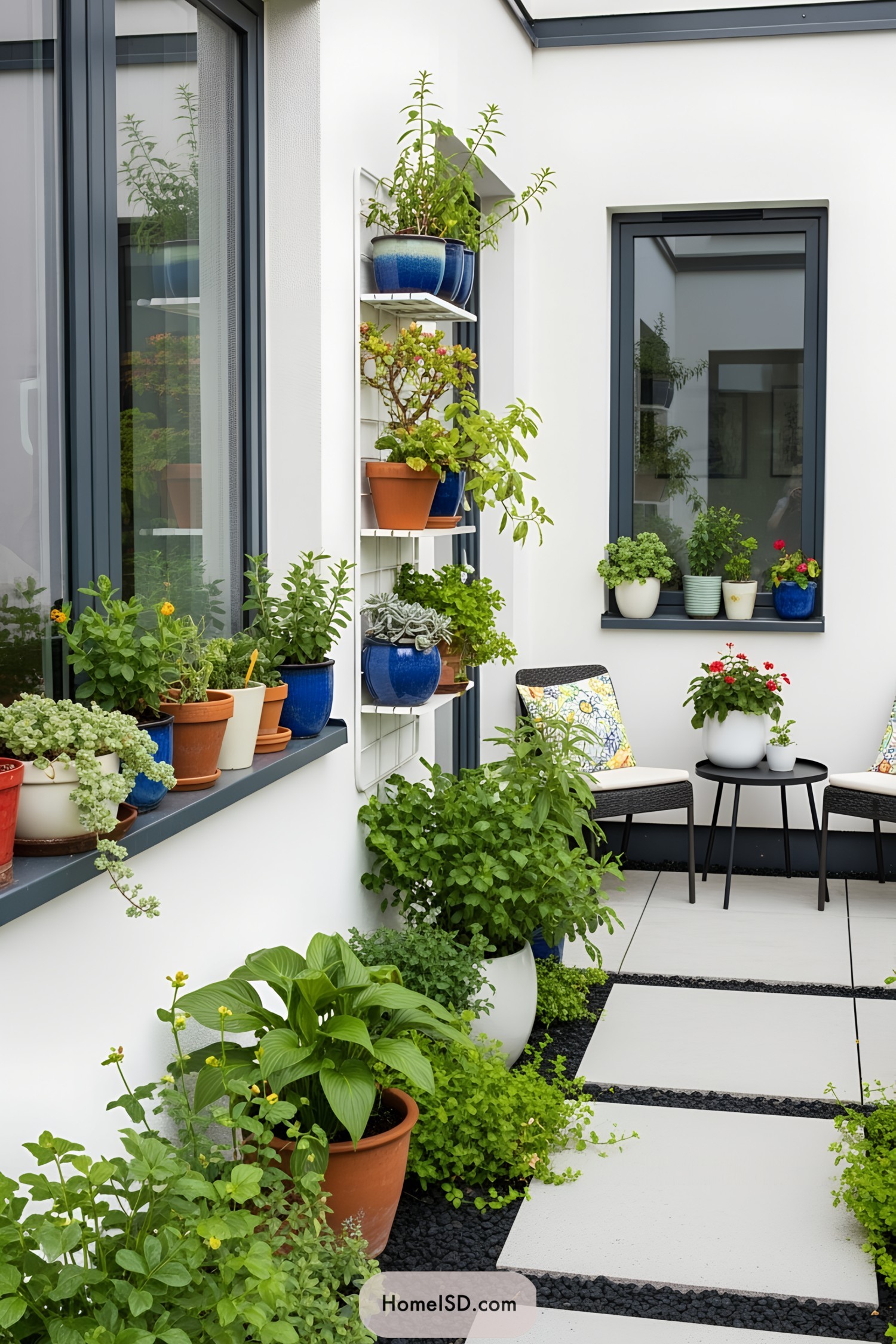 Small garden with vibrant potted plants on a patio