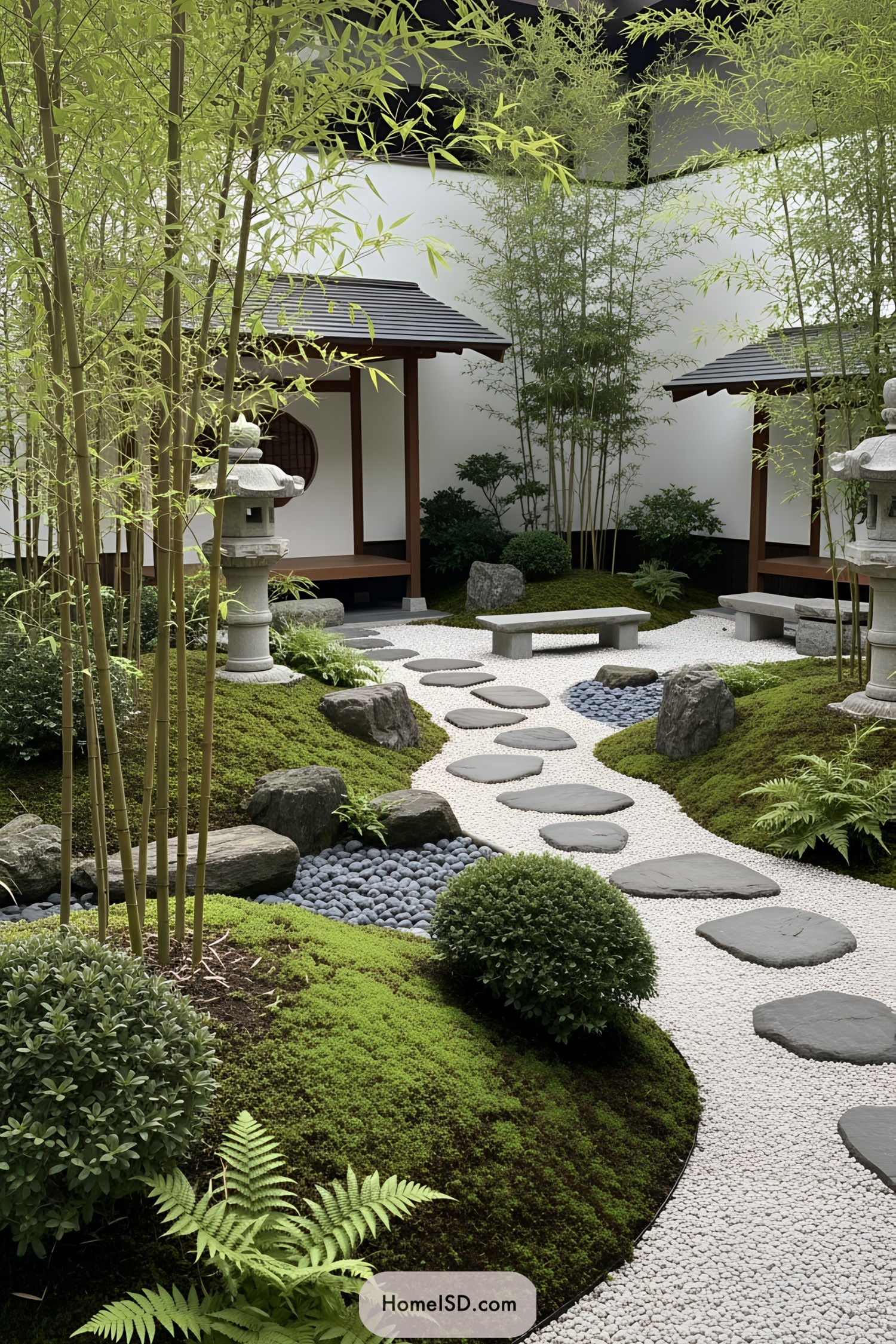 Zen garden with stepping stones and lush greenery