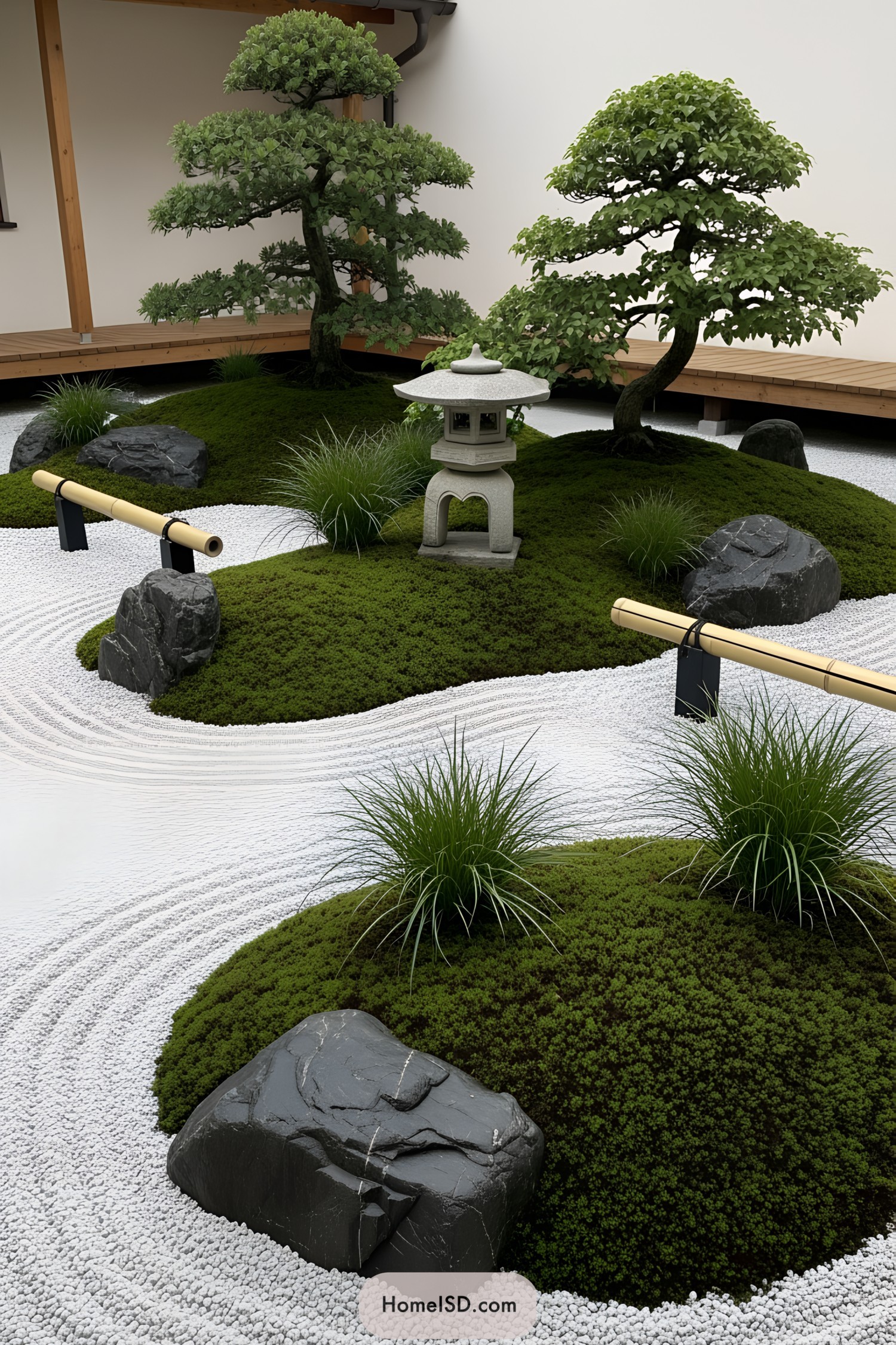 Mini Japanese garden with raked gravel, moss, and small trees