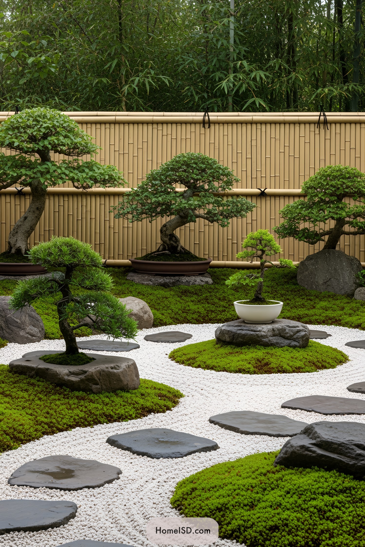 Miniature Japanese garden with bonsai, stones, and a bamboo fence