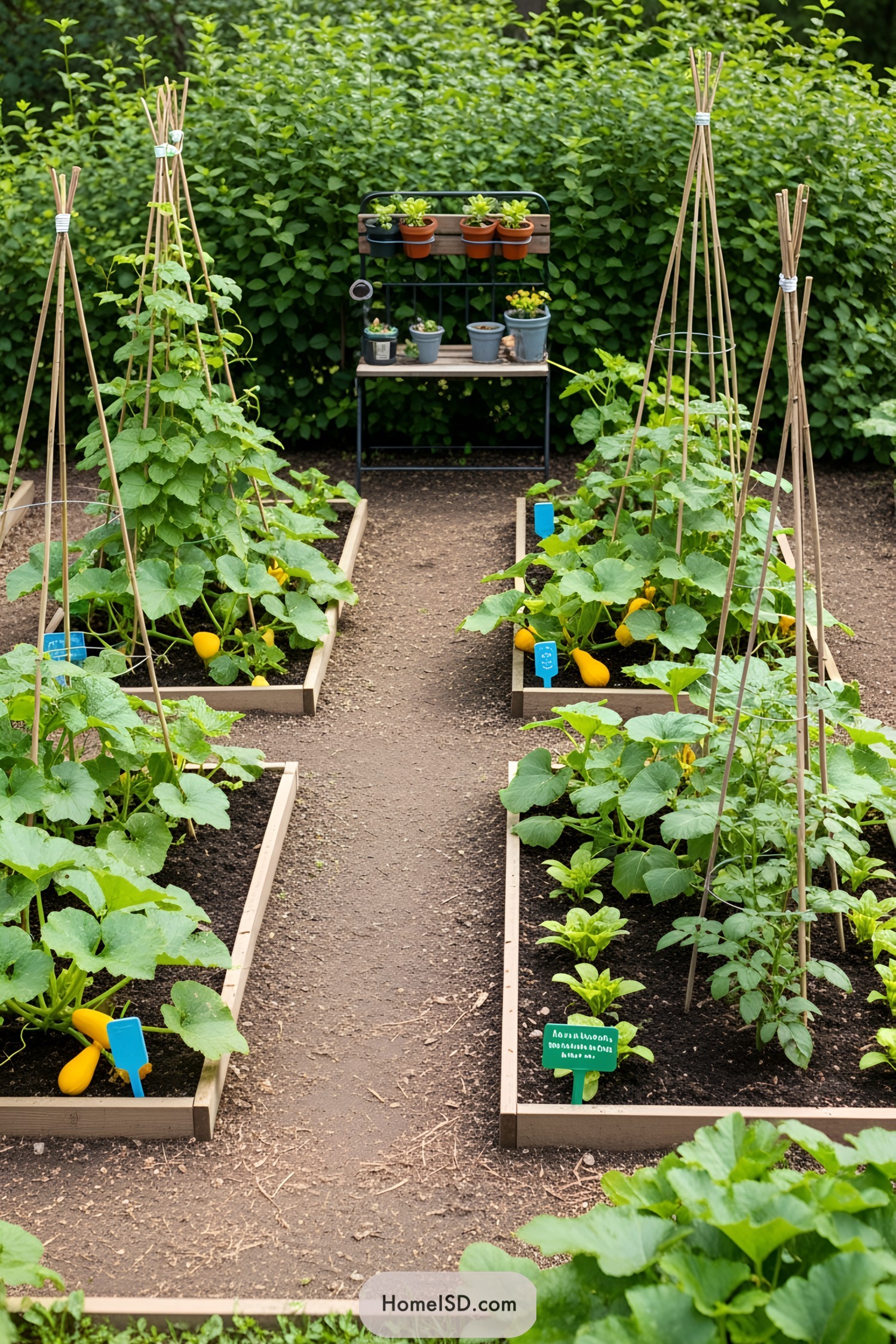 Raised garden beds with lush plants and bamboo supports