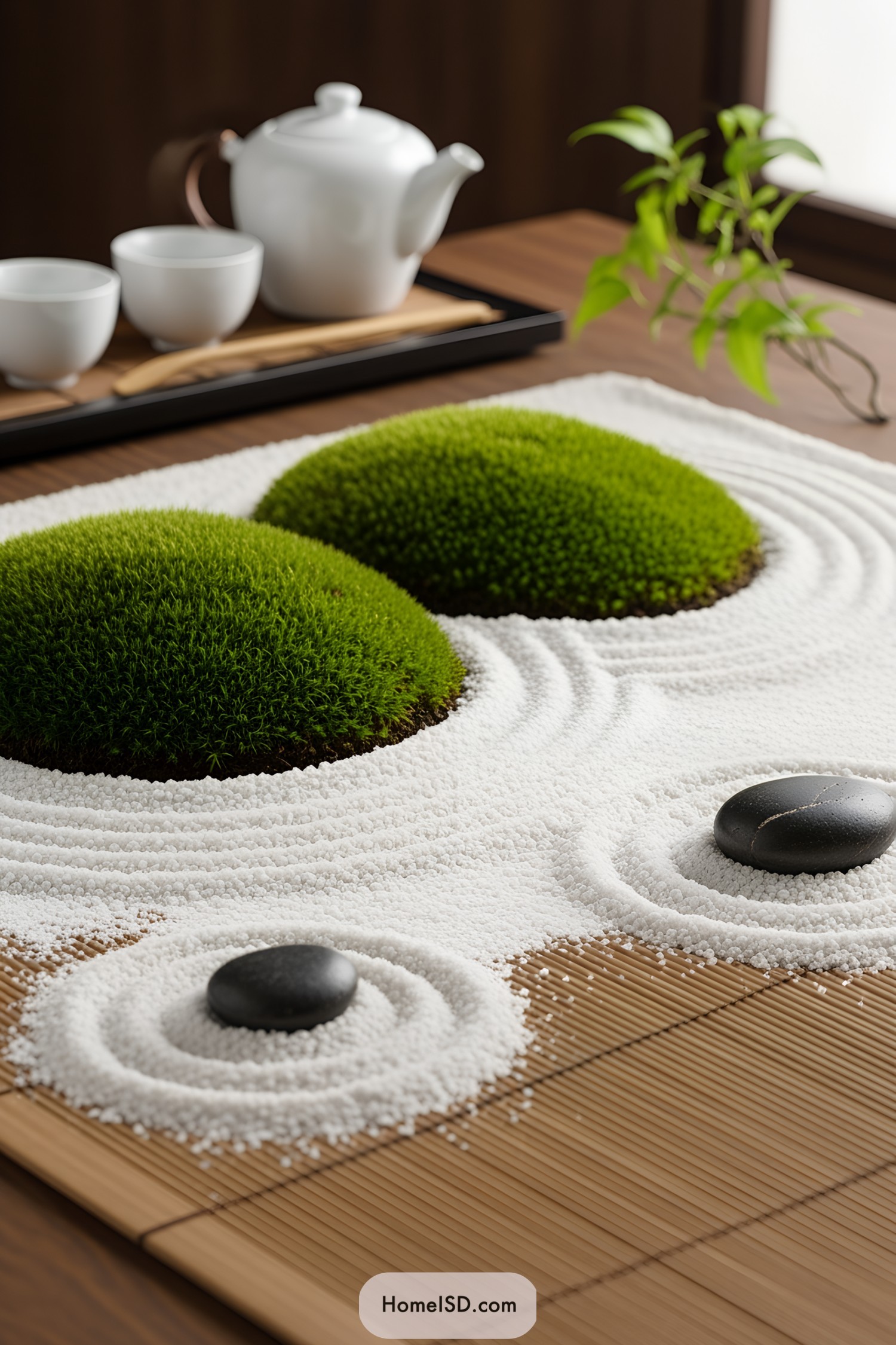 Miniature zen garden with pebbles and greenery on a wooden surface
