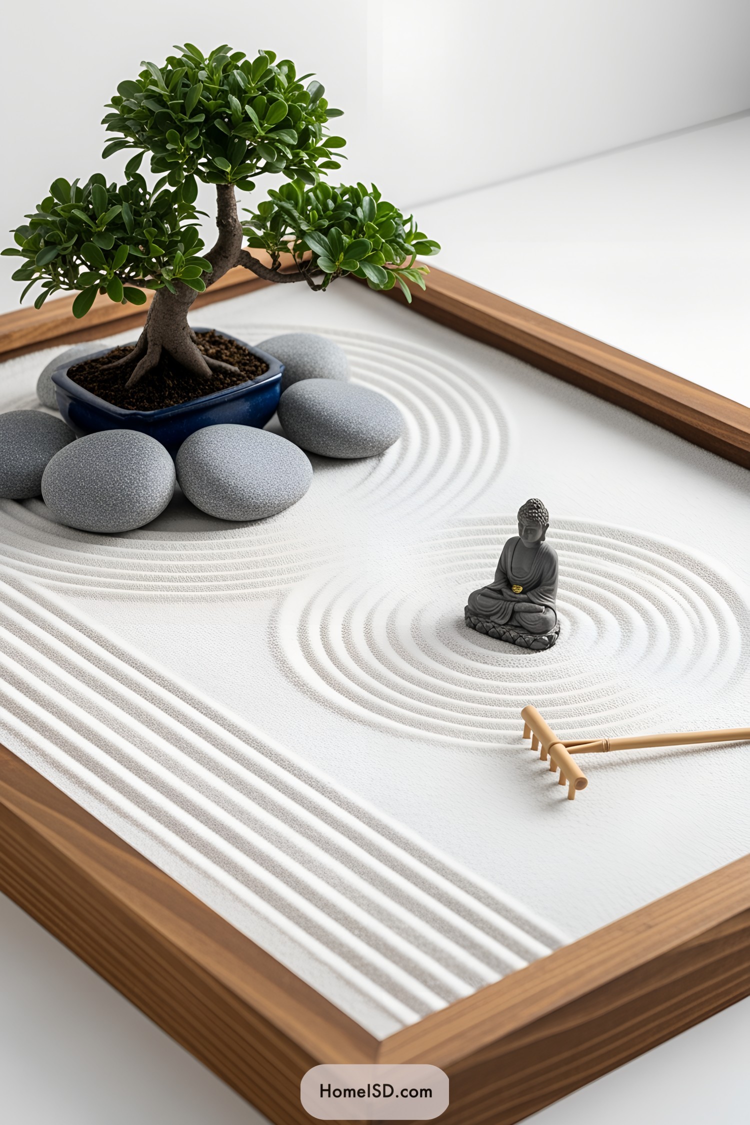 Miniature Zen Garden with Sand, Stones, and Plant
