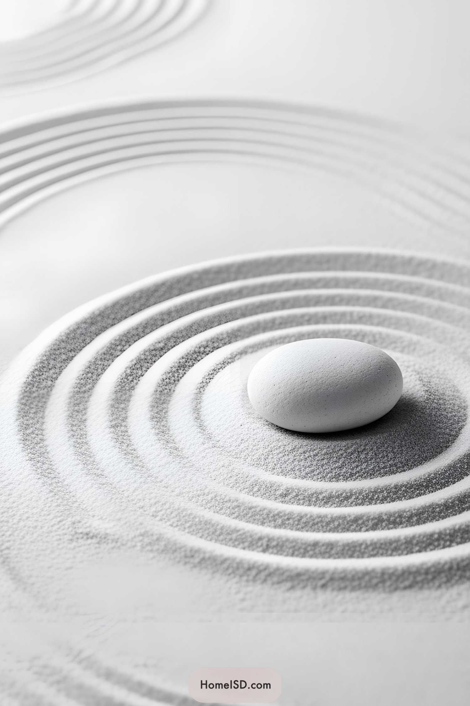 Smooth stone on white sand with concentric raked lines