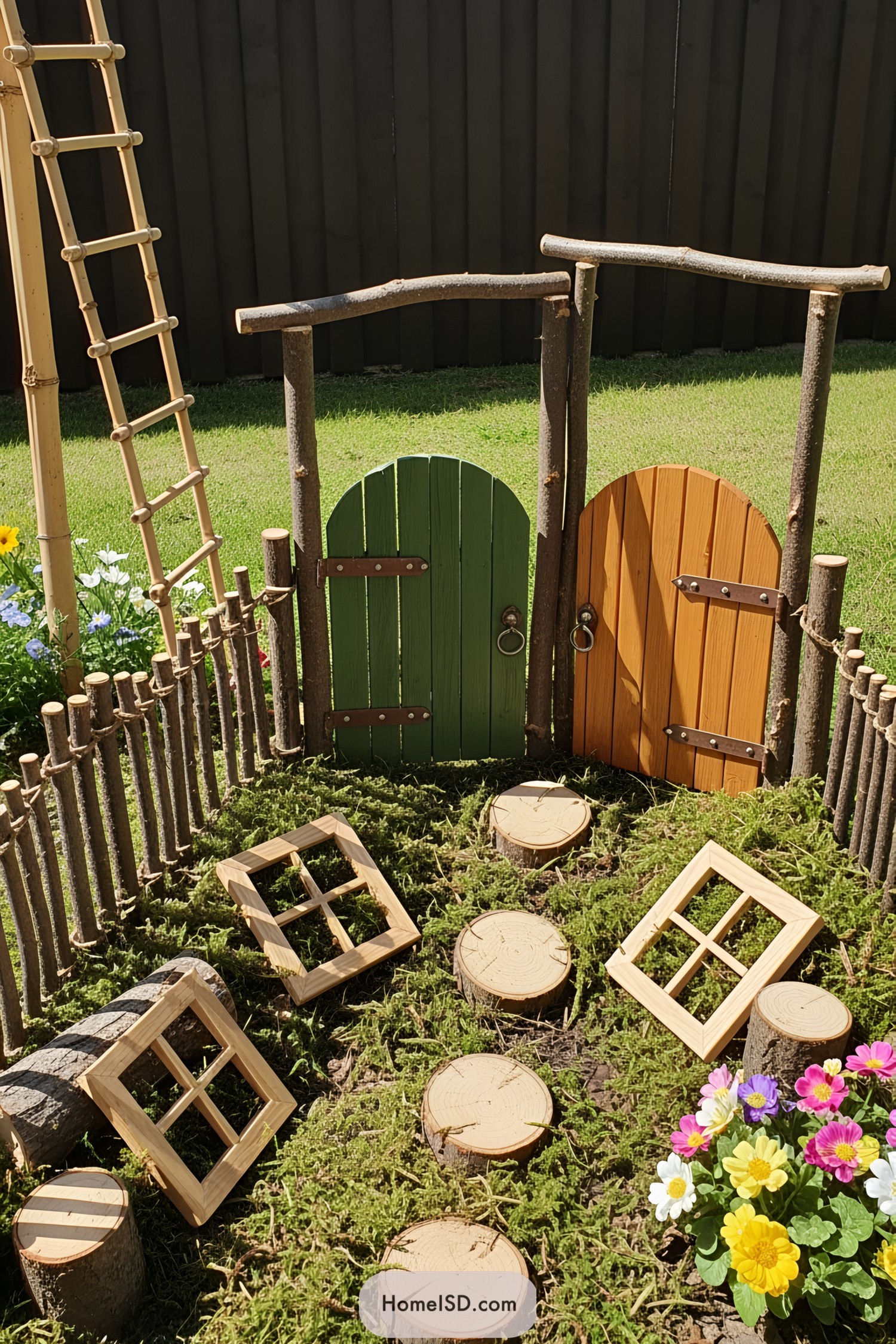 Miniature garden with tiny wooden doors, log path, and colorful flowers