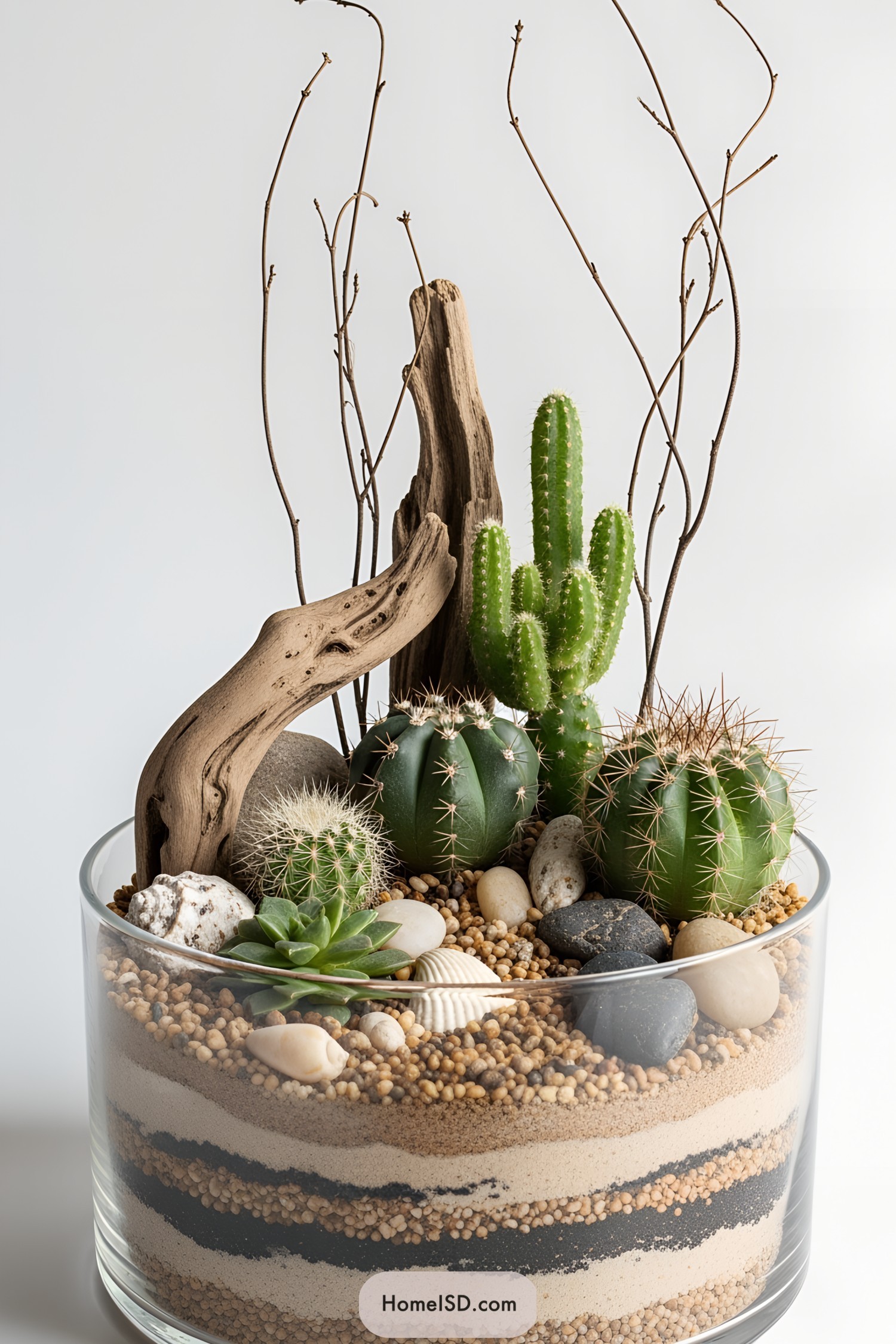 Mini cactus garden with layered sand and pebbles