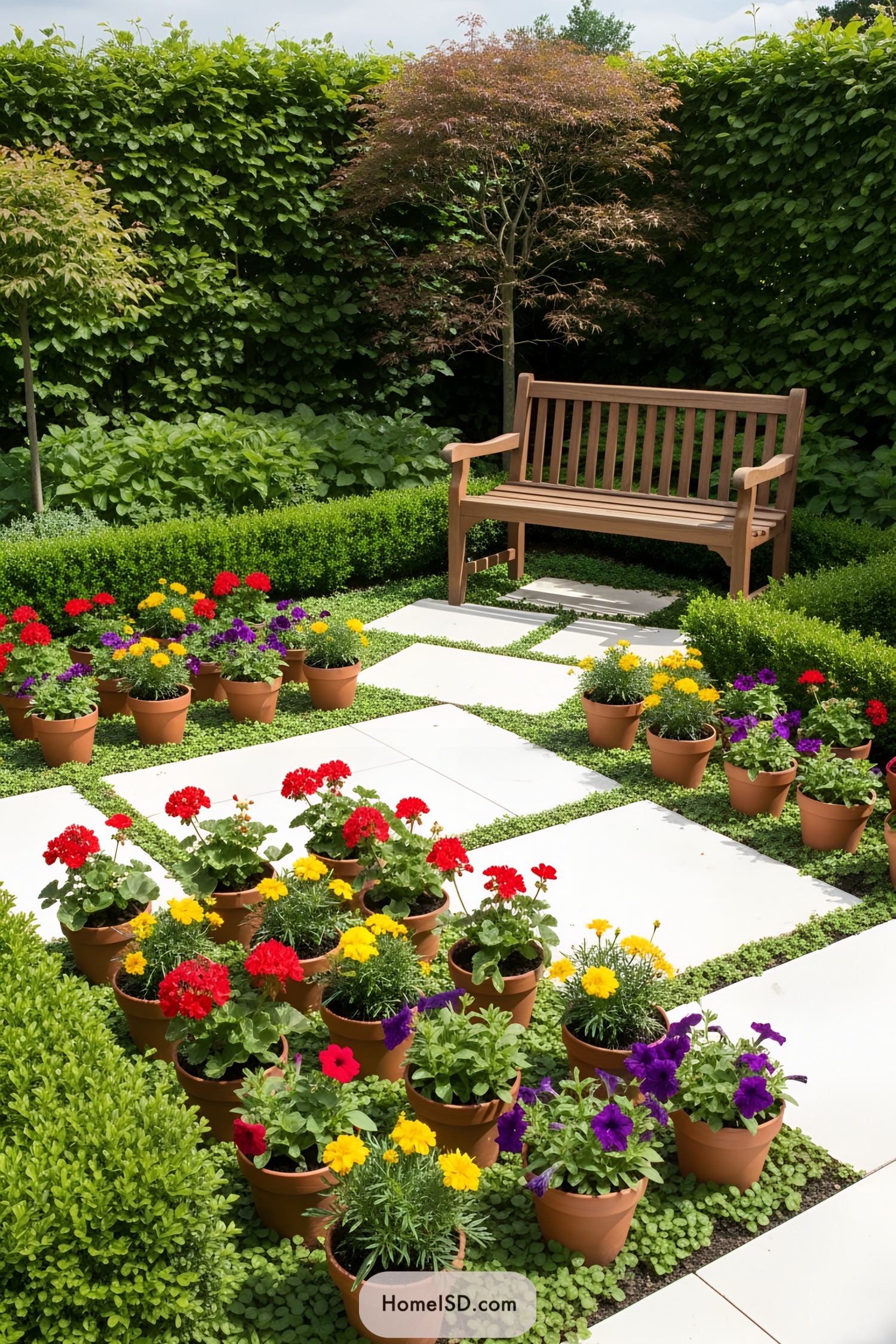Pots with colorful flowers on a garden patio