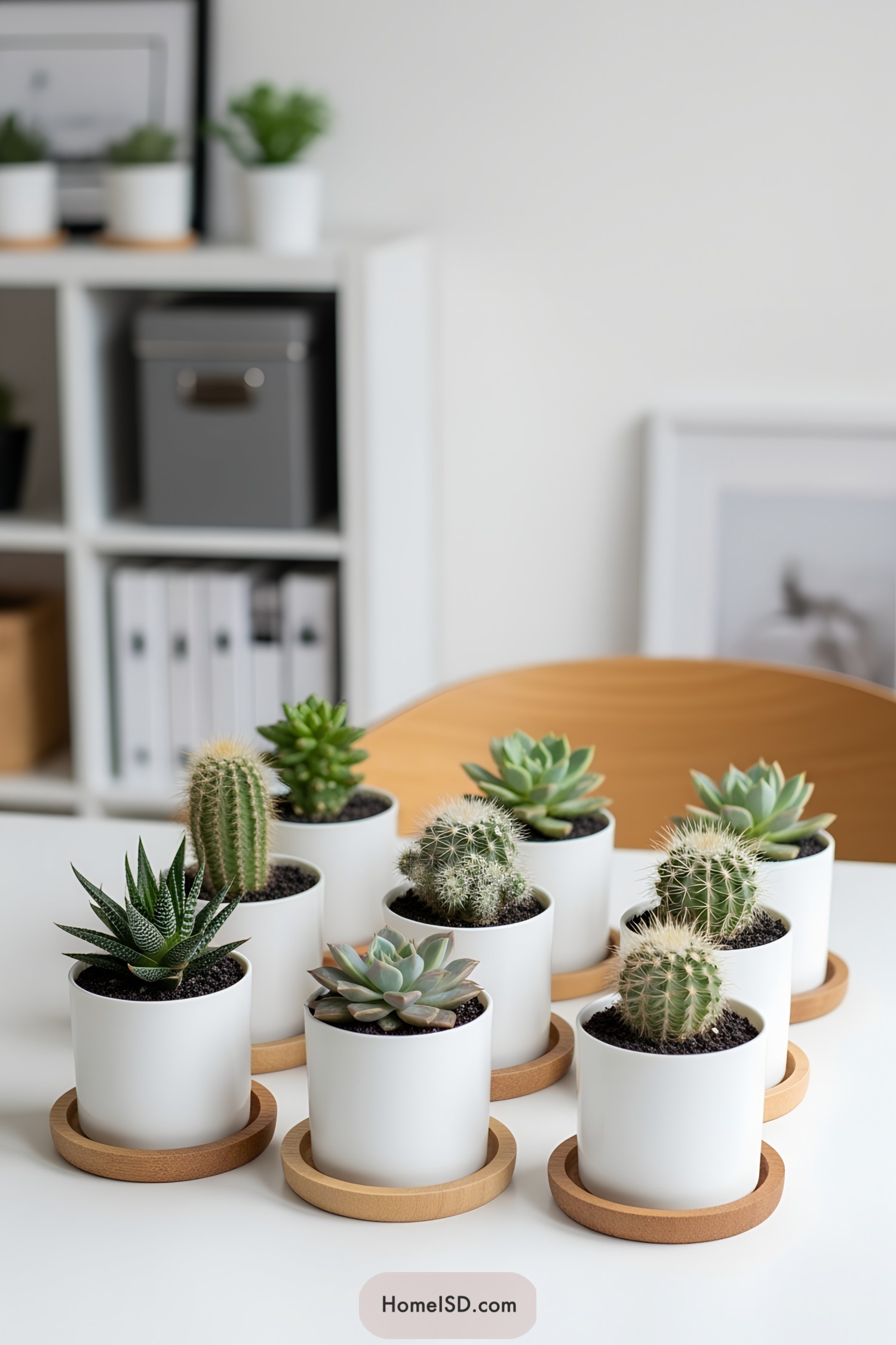 Small cacti and succulents in white pots on a table