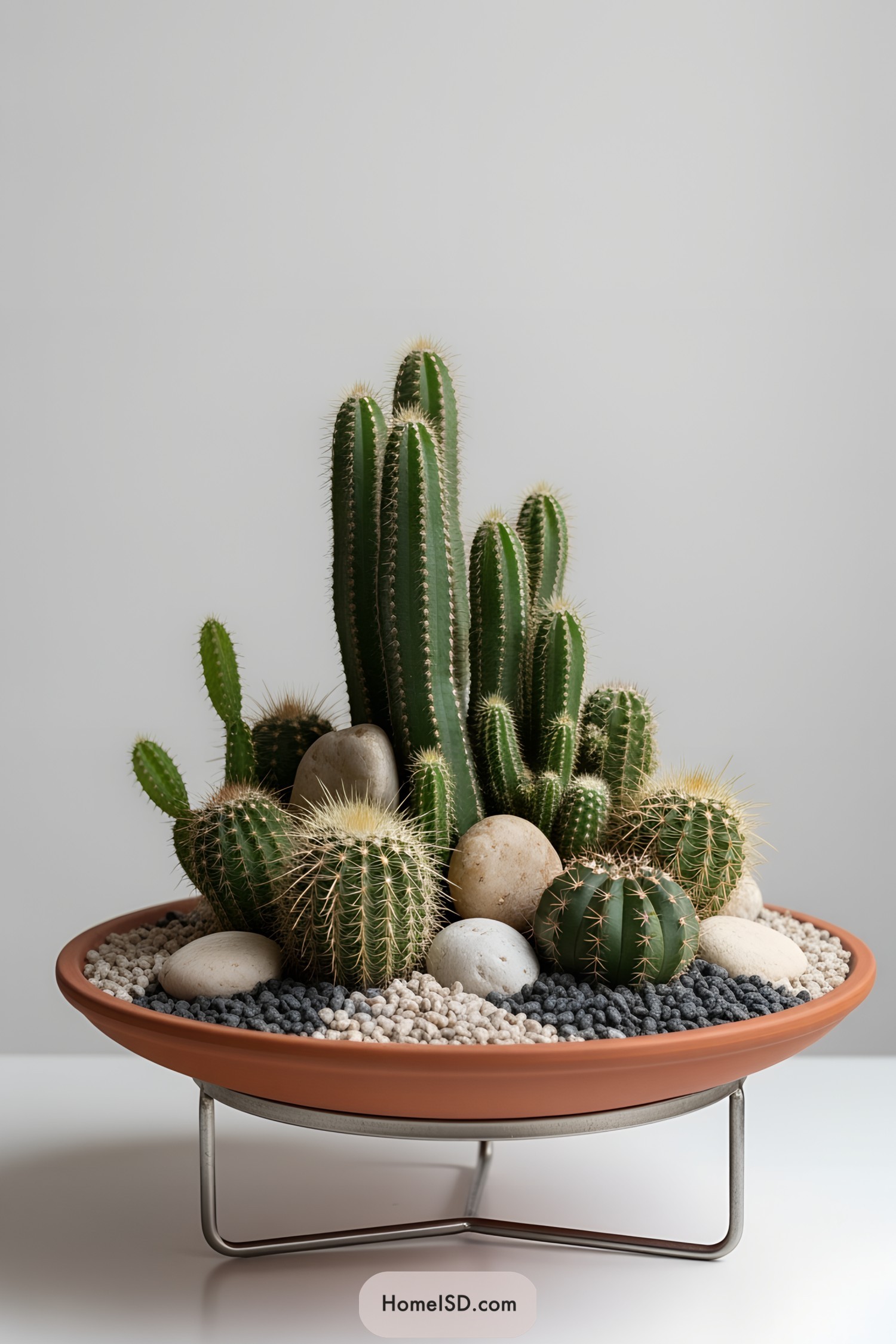 Mini cactus garden in a shallow terracotta dish with decorative stones