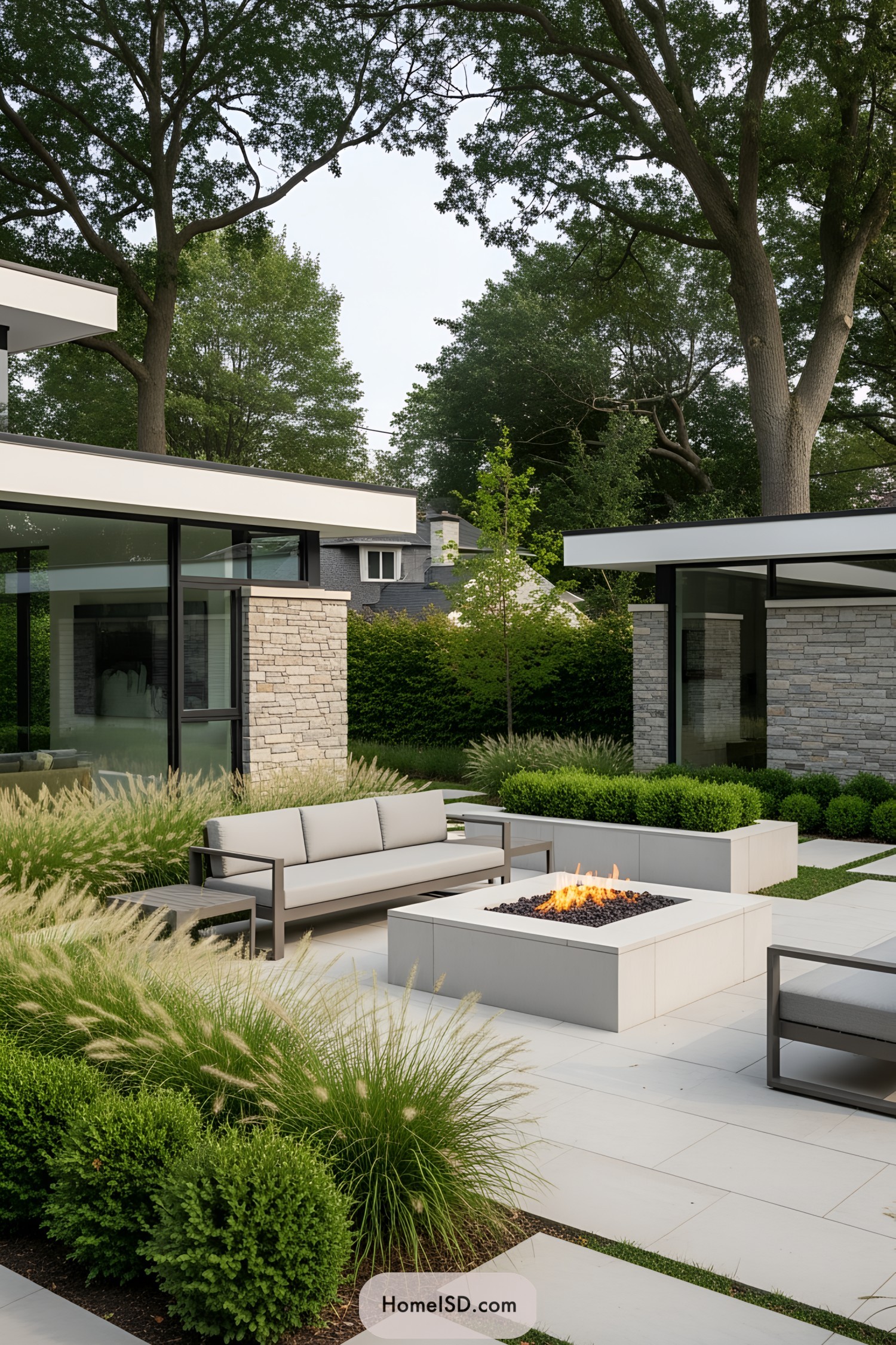 Modern backyard with fire pit and stylish seating