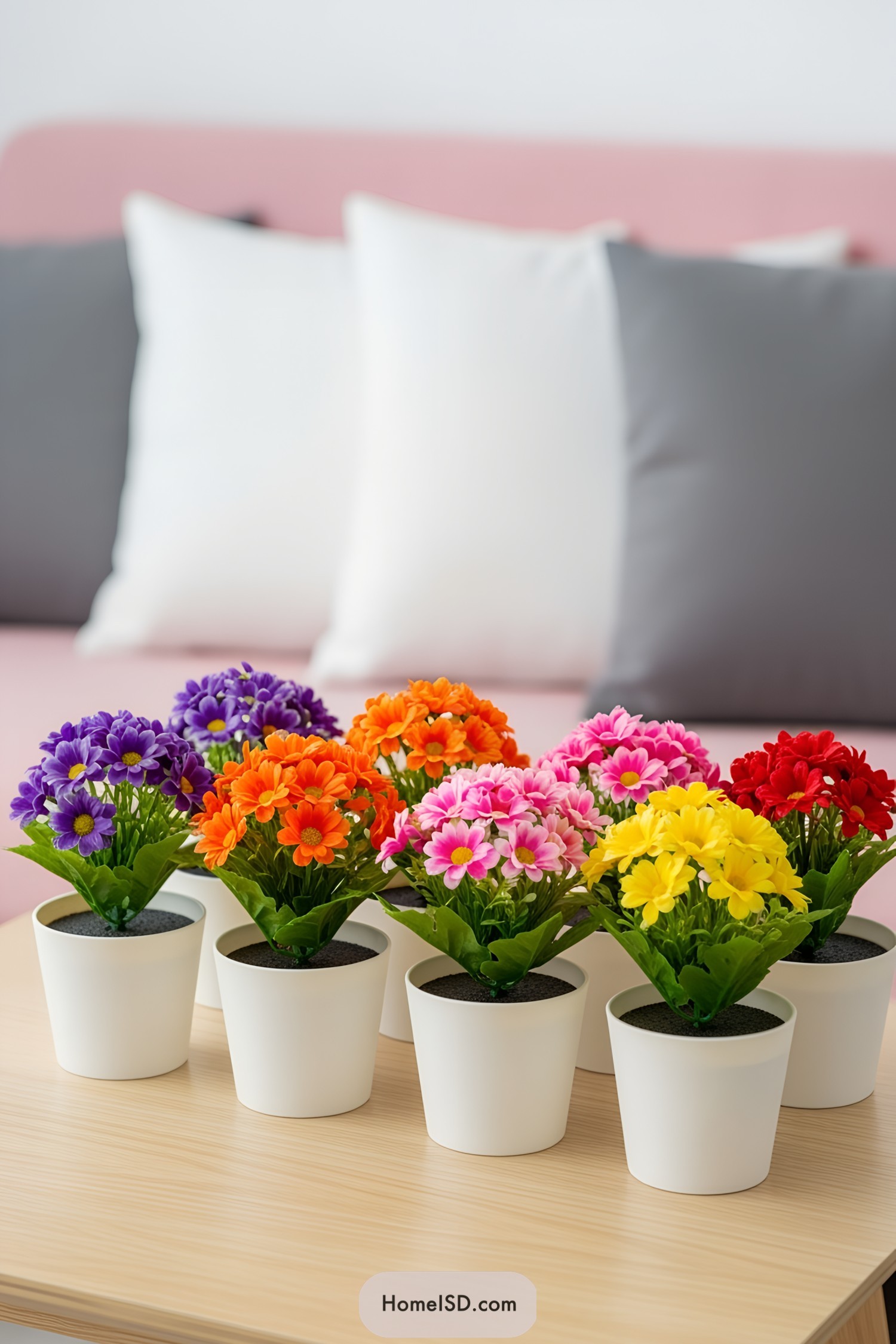 Colorful flowers in small white pots on a light wooden table