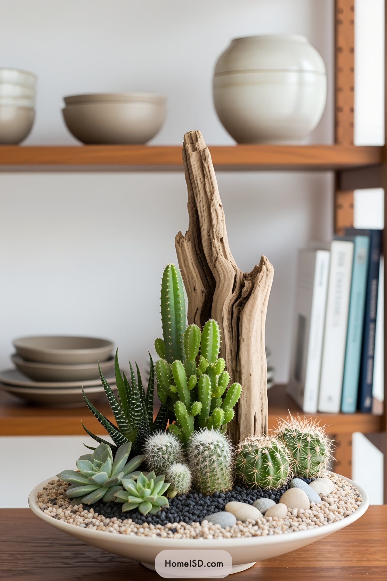 Miniature cacti garden in a shallow dish with decorative stones and driftwood
