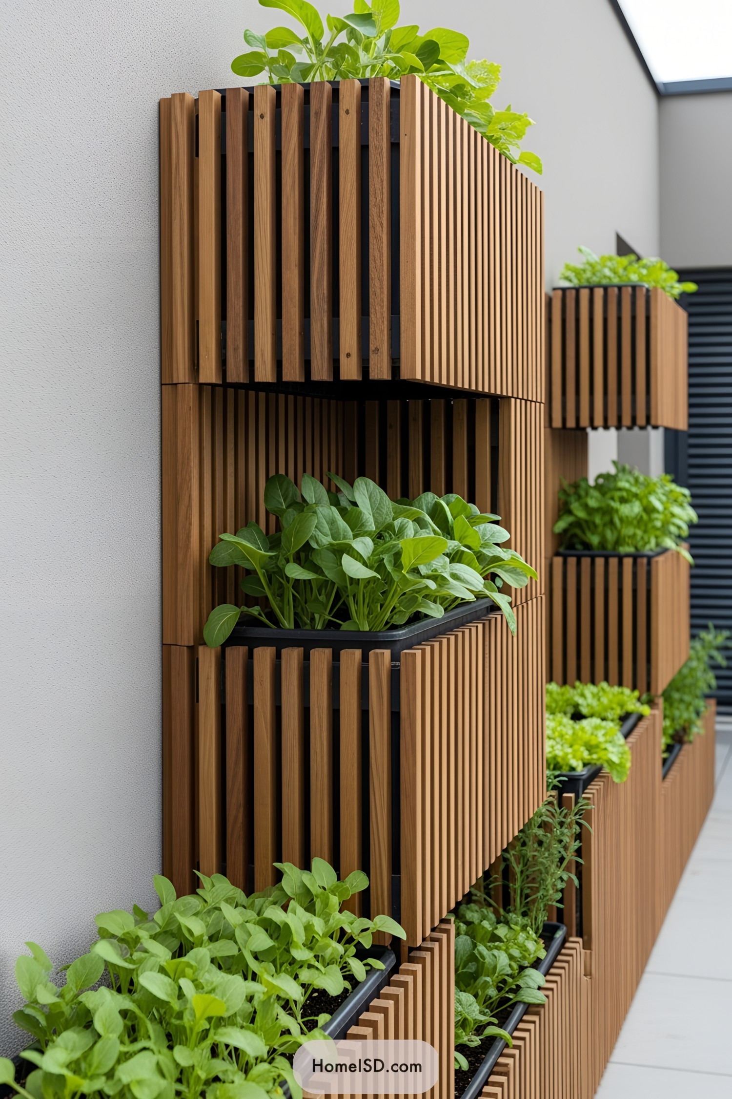 Wall-mounted wooden planters filled with lush greens