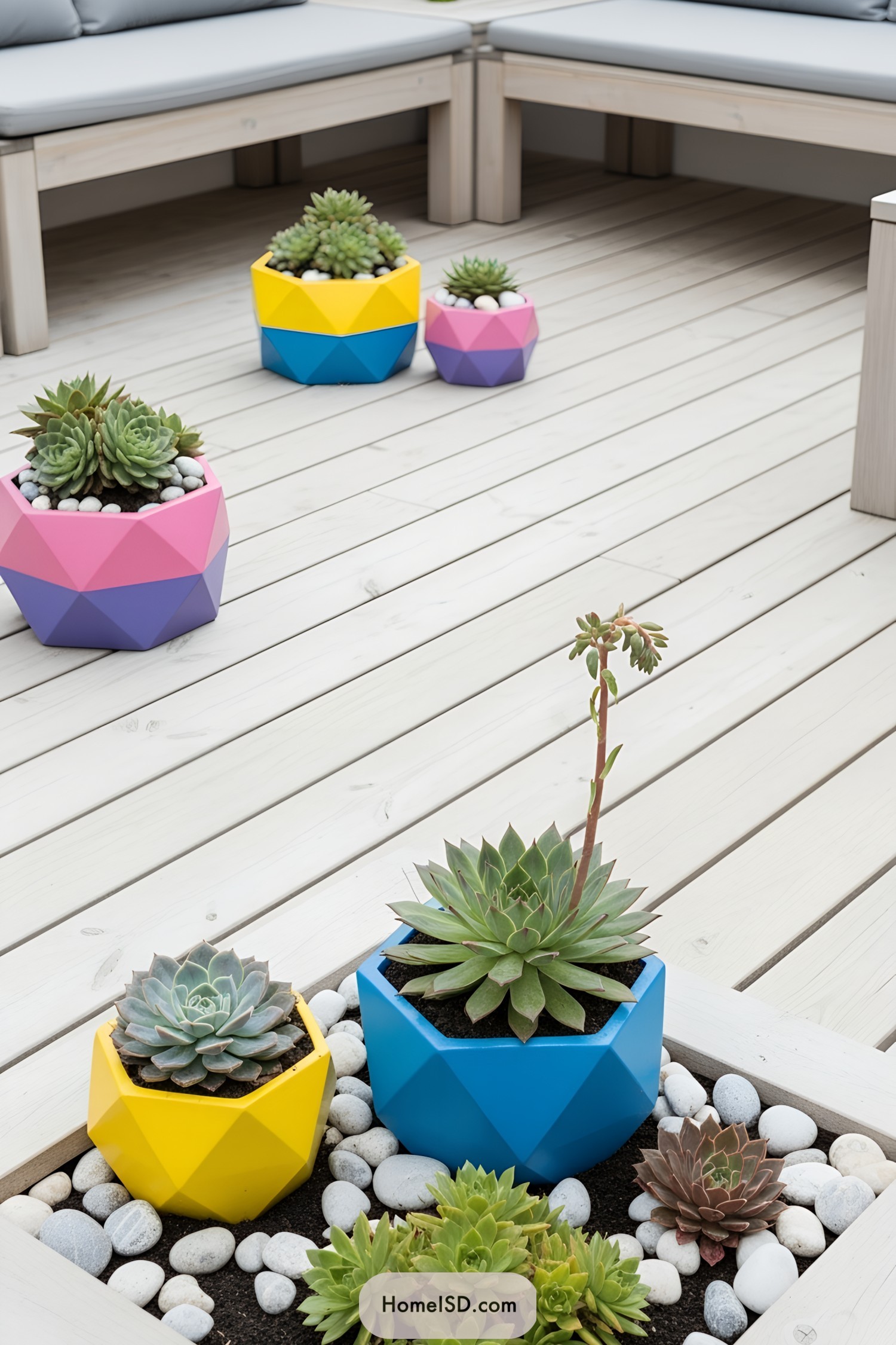 Colorful geometric pots with succulents on a wooden deck