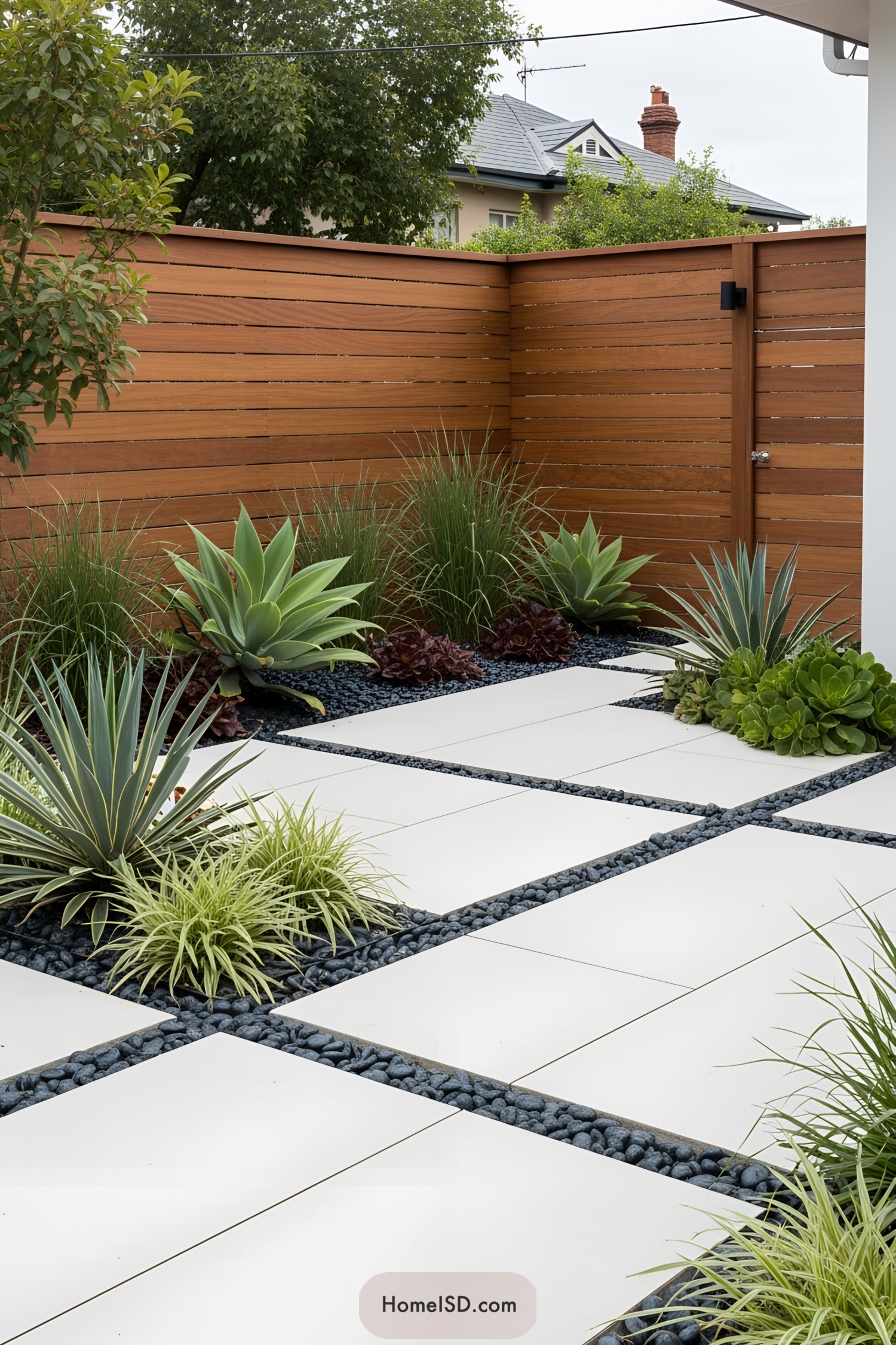 A tidy geometric garden with lush plants