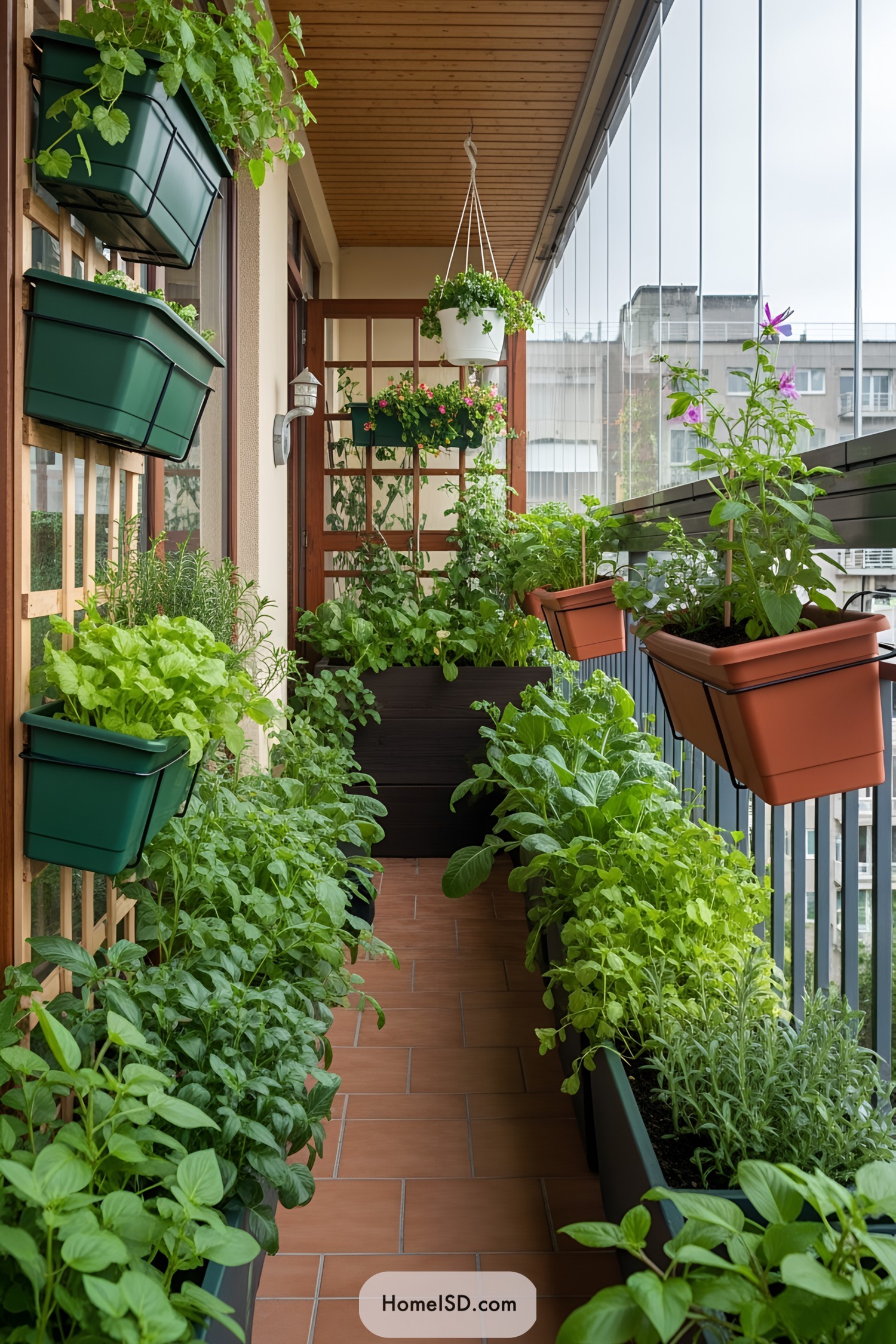 Balcony with planters and thriving greenery