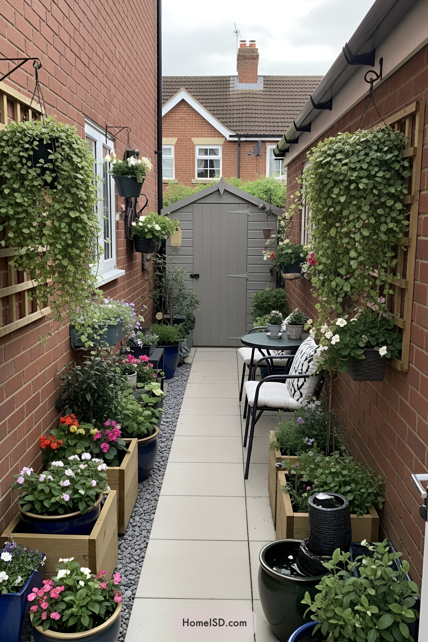 Narrow garden path with vibrant flowers and hanging plants
