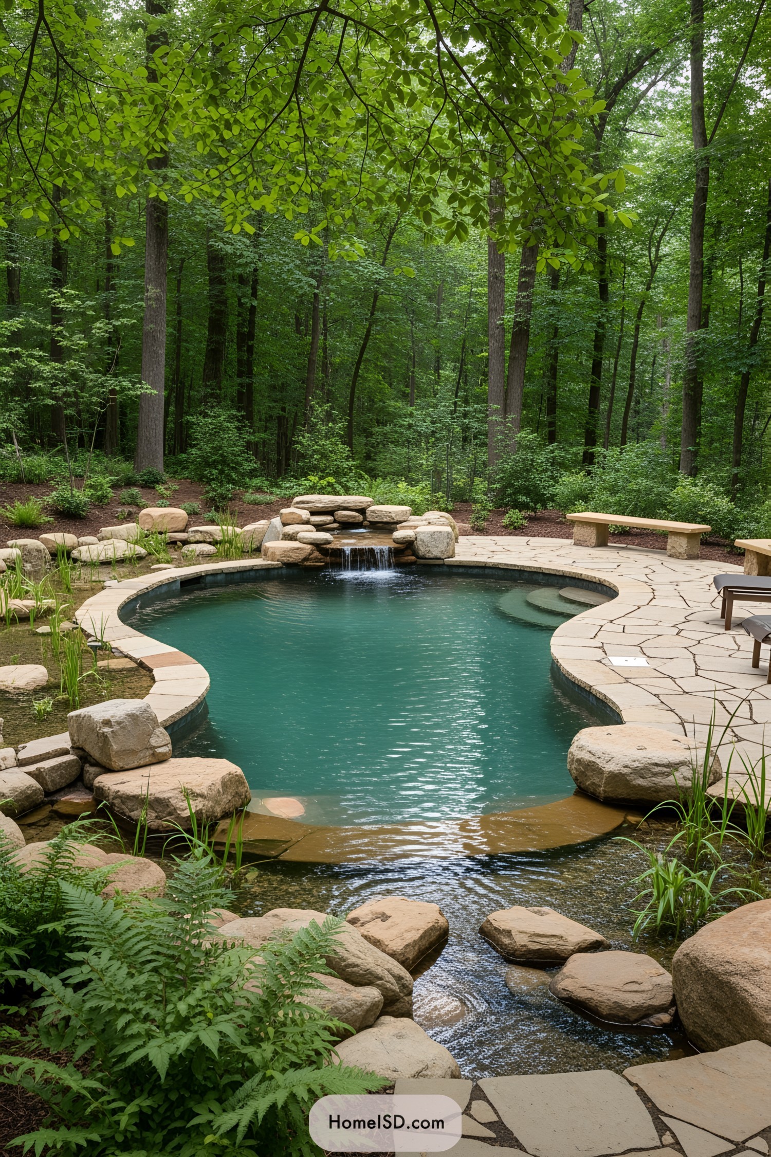 Beautiful natural swimming pool surrounded by lush forest and stone pathway