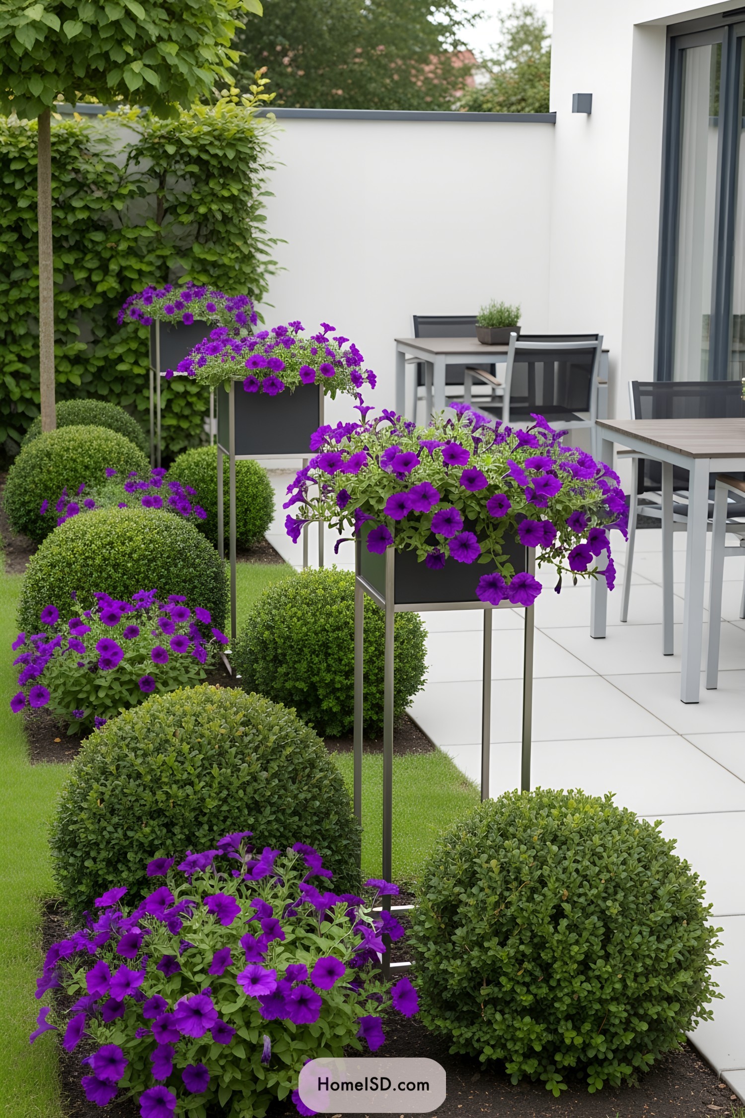 Purple flowers in elevated stands in a modern garden setting