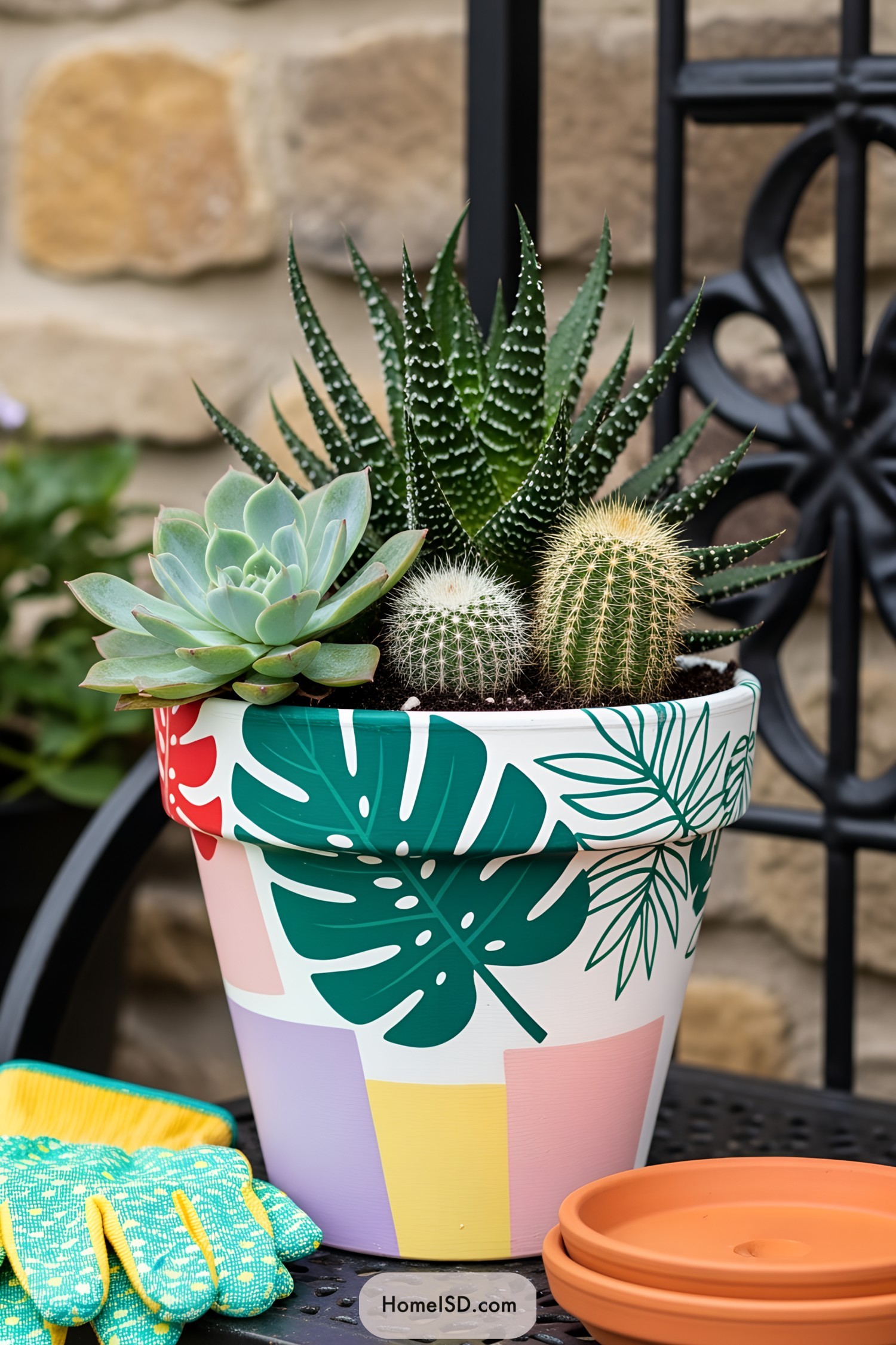 Colorful plant pot with succulents and cacti