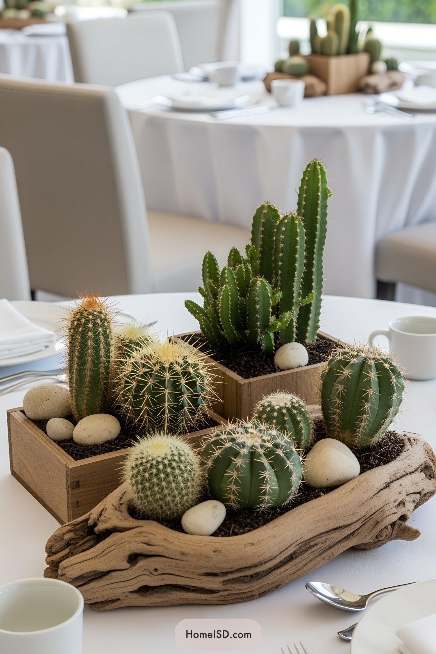 Mini cactus garden centerpiece with decorative stones on a white table setting