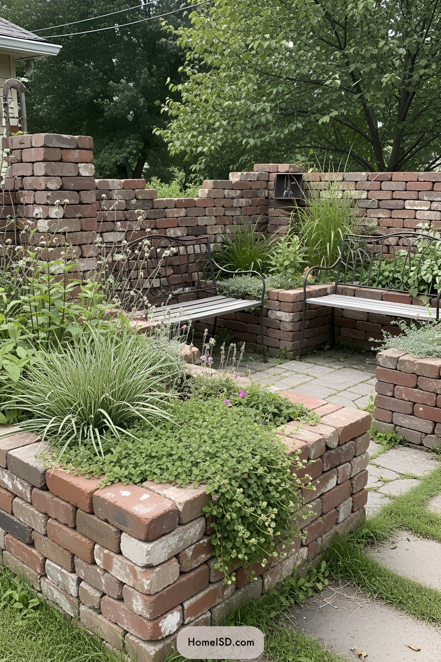 Cozy nook with brick walls, lush plants, and metal benches